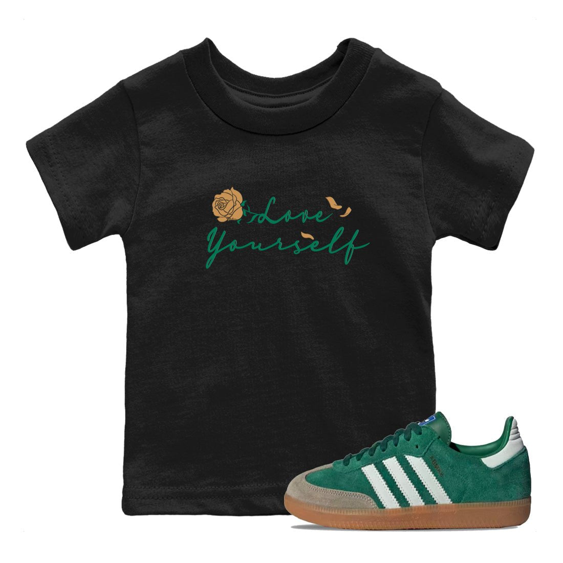 Adidas Samba Collegiate Green Gum shirt to match jordans Love Yourself sneaker tees Samba OG Collegiate Green Gum SNRT Sneaker Release Tees Baby Toddler Black 1 T-Shirt