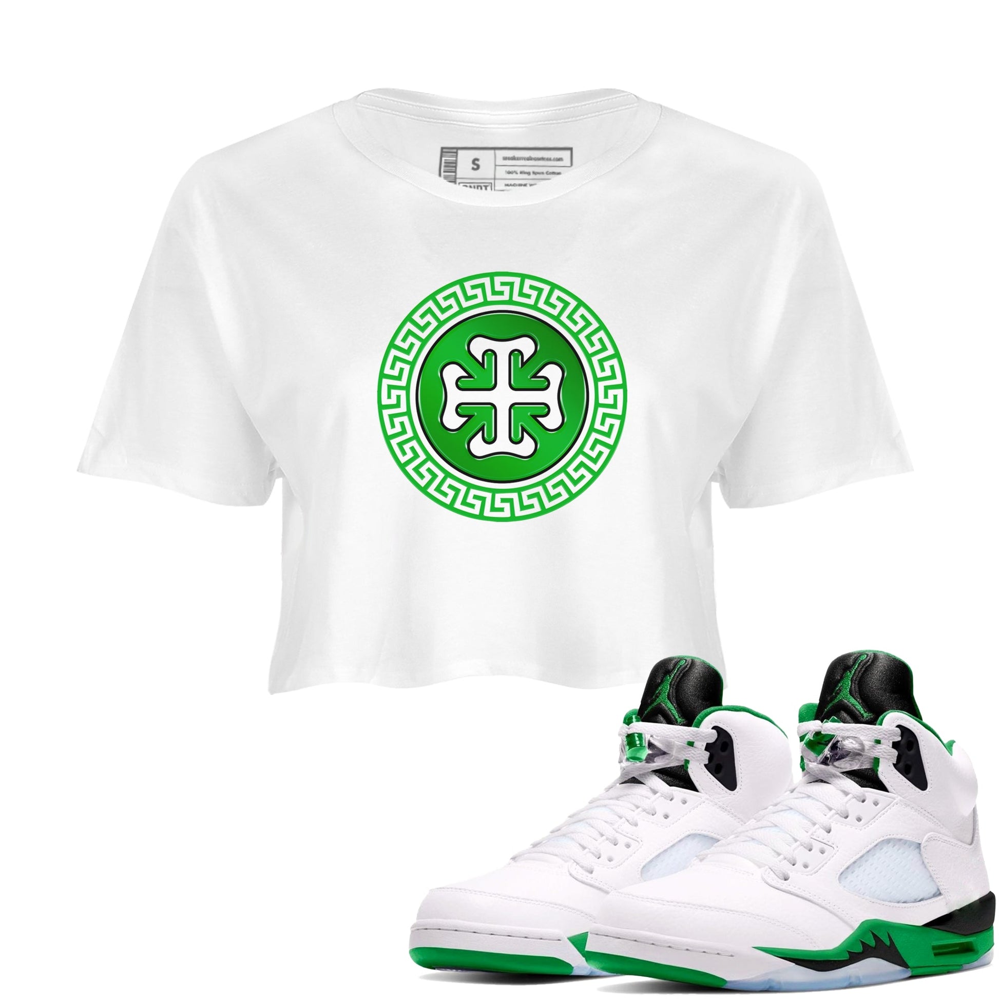 Air Jordan 5 Lucky Green shirt to match jordans Lucky Emblem sneaker tees AJ5 Lucky Green SNRT Sneaker Release Tees White 1 Crop T-Shirt