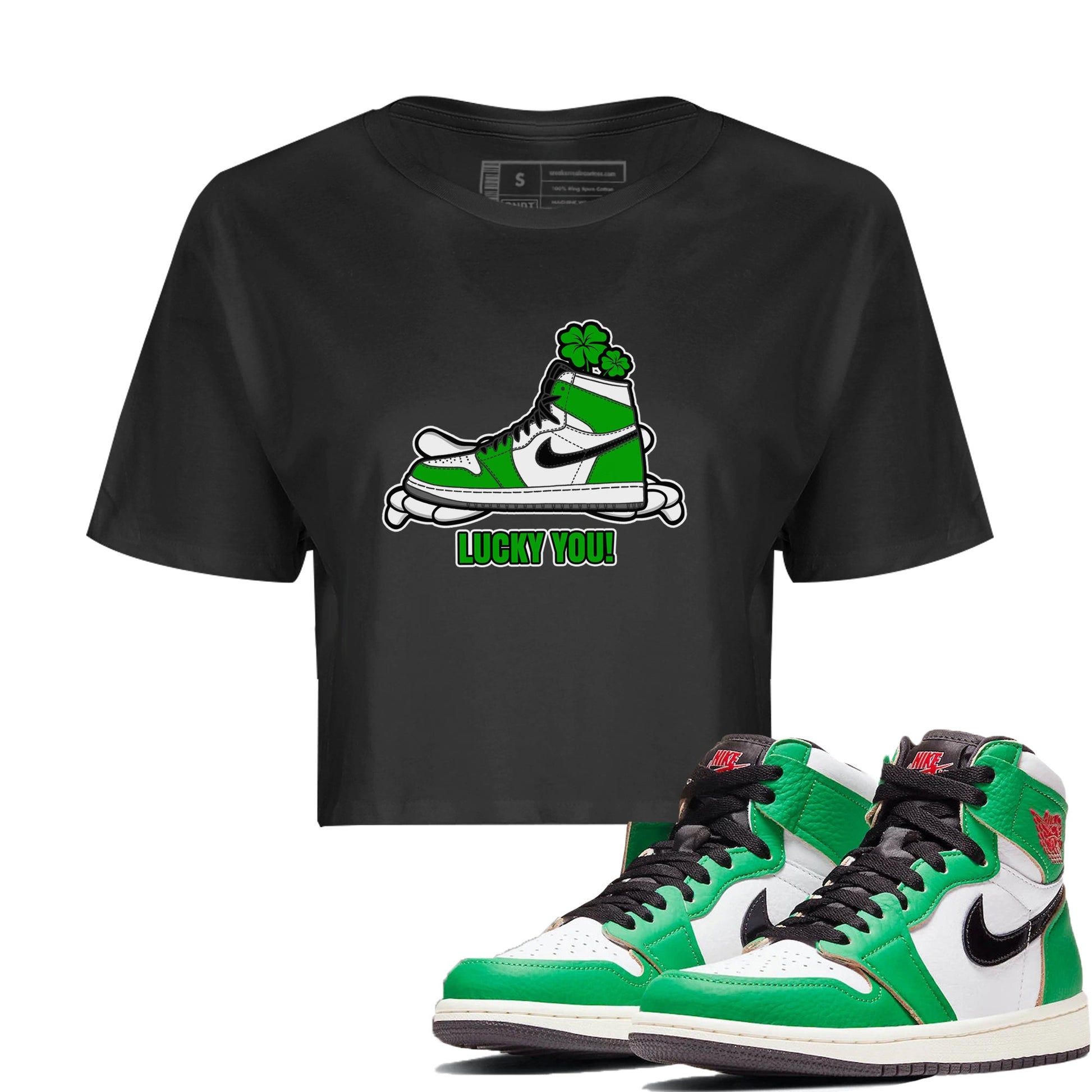 Air Jordan 1 Lucky Green shirt to match jordans Lucky You sneaker tees AJ1 Lucky Green SNRT Sneaker Release Tees Black 1 Crop T-Shirt