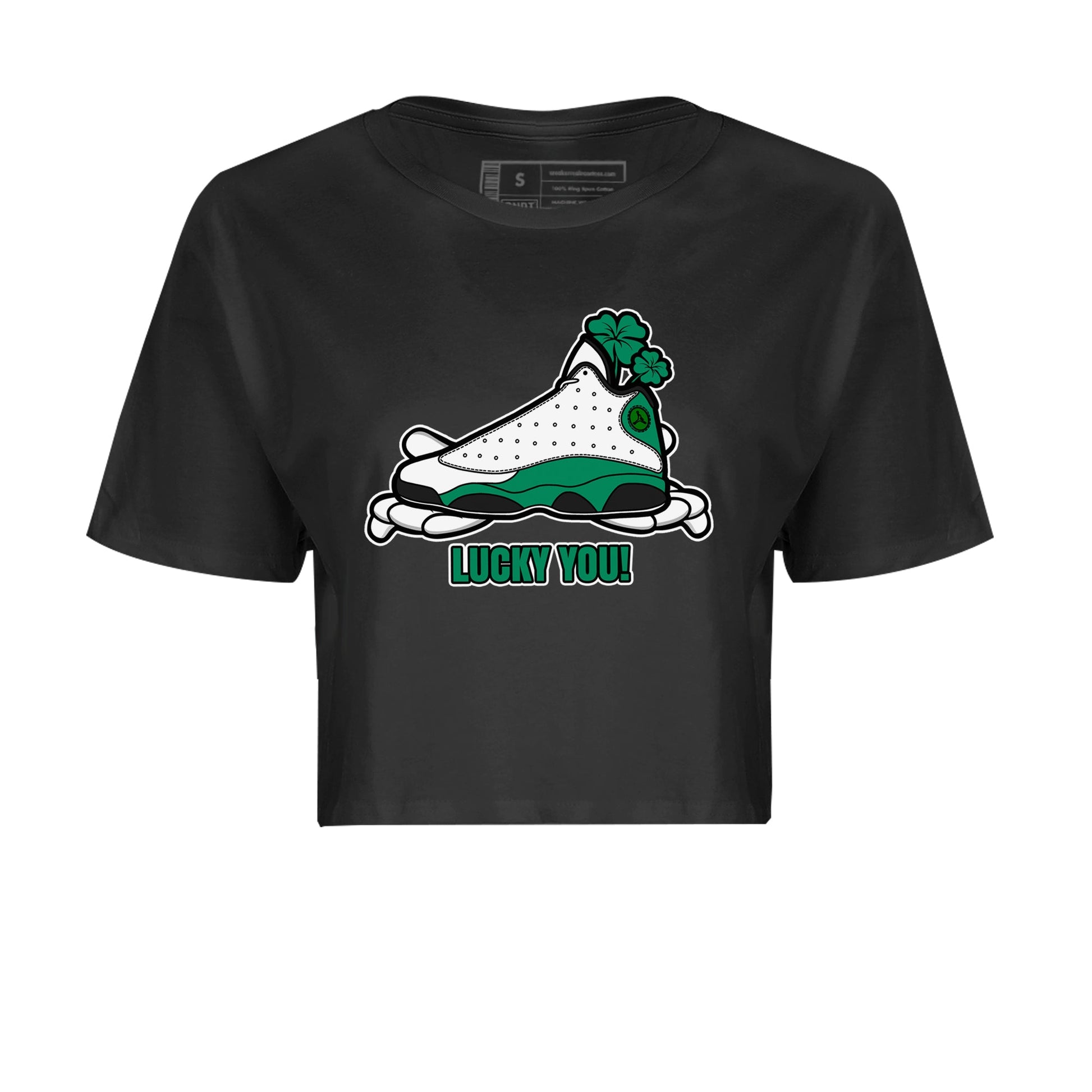 Air Jordan 13 Lucky Green shirt to match jordans Lucky You sneaker tees AJ13 Lucky Green SNRT Sneaker Release Tees Black 2 Crop T-Shirt