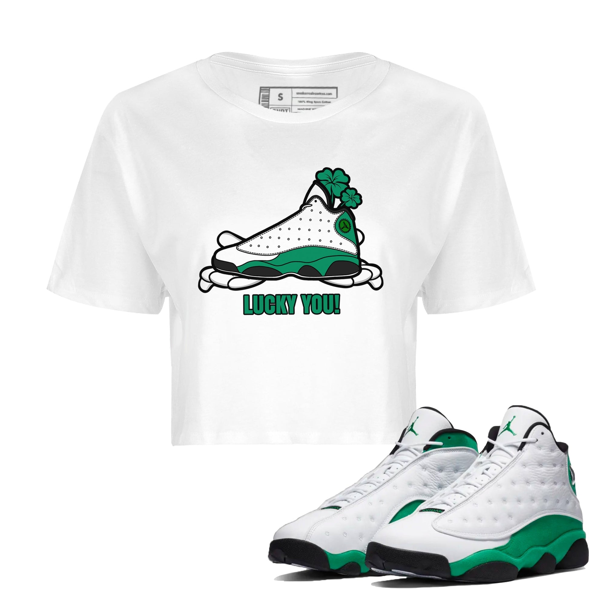 Air Jordan 13 Lucky Green shirt to match jordans Lucky You sneaker tees AJ13 Lucky Green SNRT Sneaker Release Tees White 1 Crop T-Shirt