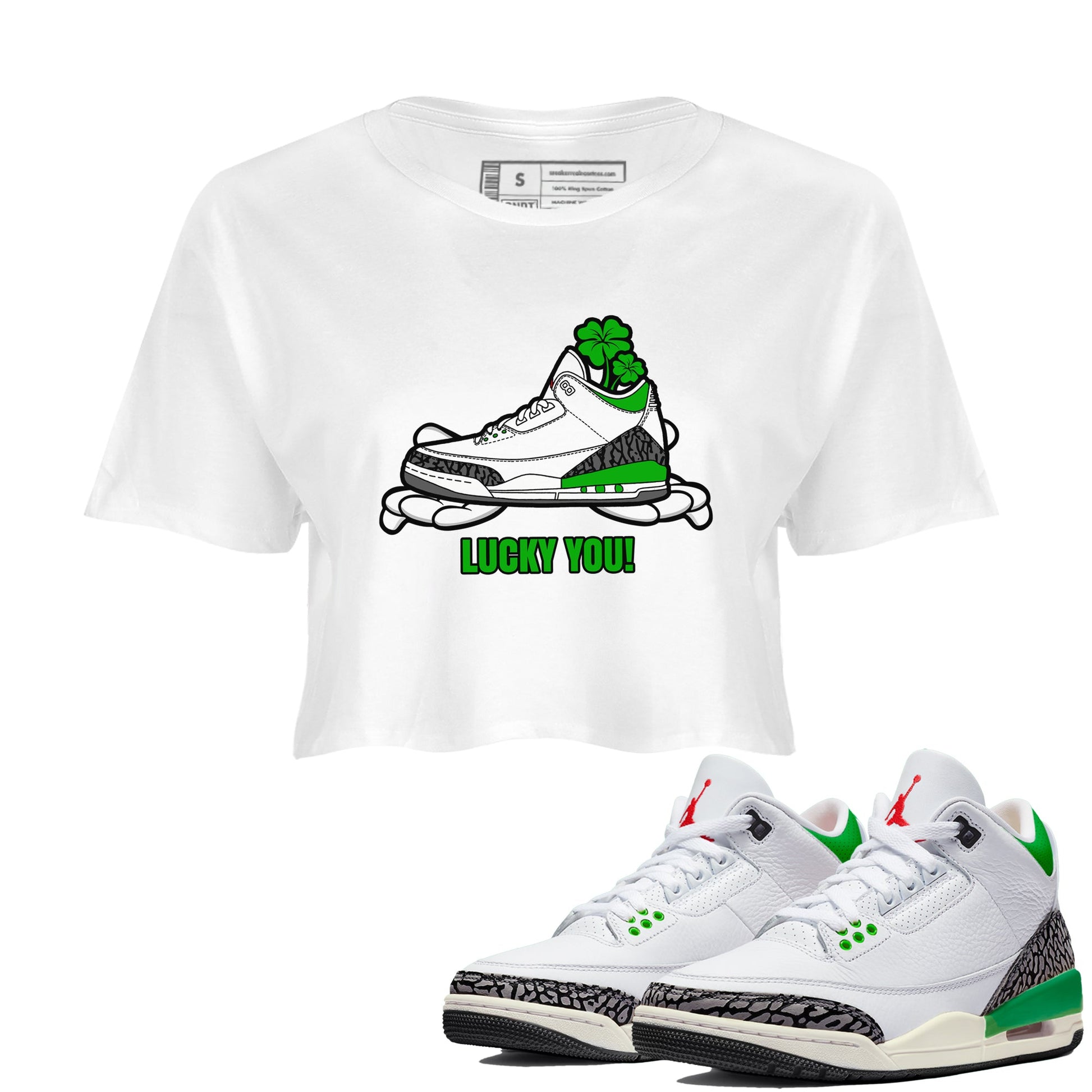 Air Jordan 3 Lucky Green shirt to match jordans Lucky You sneaker tees AJ3 Lucky Green SNRT Sneaker Release Tees White 1 Crop T-Shirt