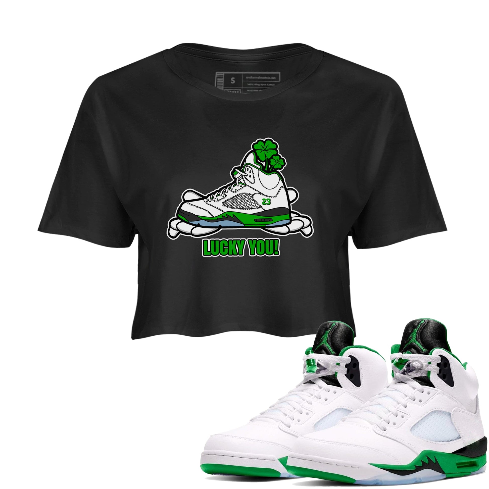 Air Jordan 5 Lucky Green shirt to match jordans Lucky You sneaker tees AJ5 Lucky Green SNRT Sneaker Release Tees Black 1 Crop T-Shirt