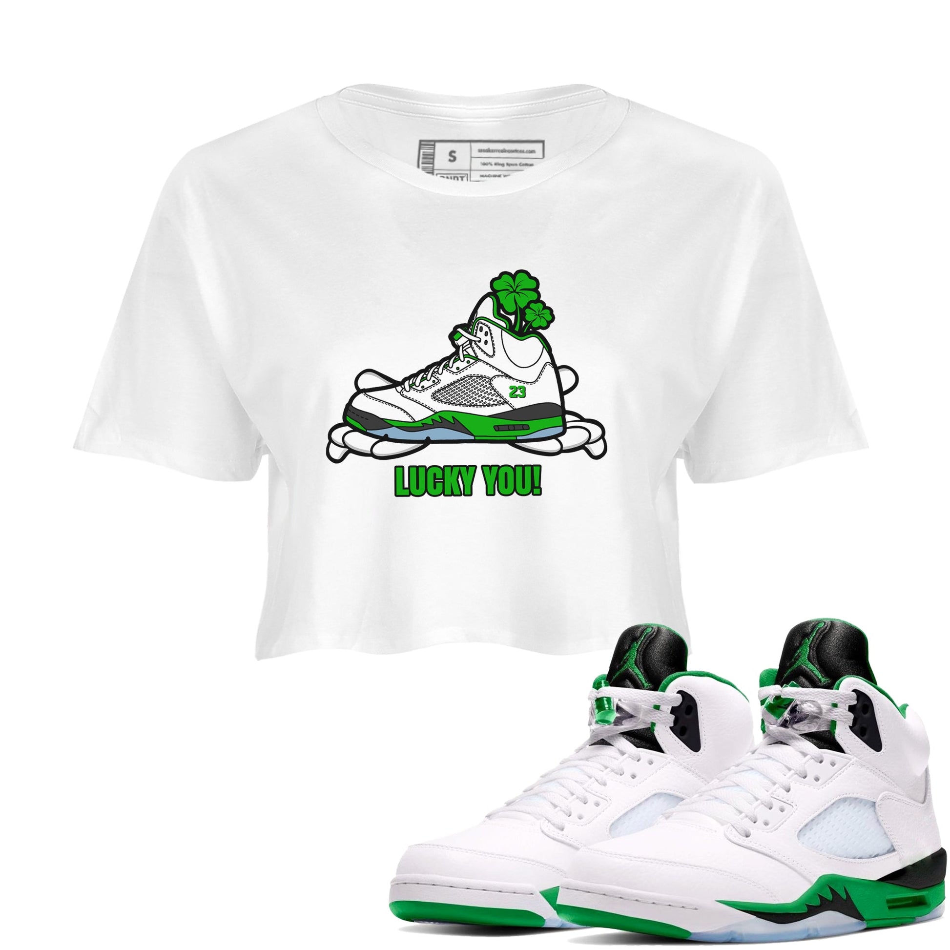 Air Jordan 5 Lucky Green shirt to match jordans Lucky You sneaker tees AJ5 Lucky Green SNRT Sneaker Release Tees White 1 Crop T-Shirt