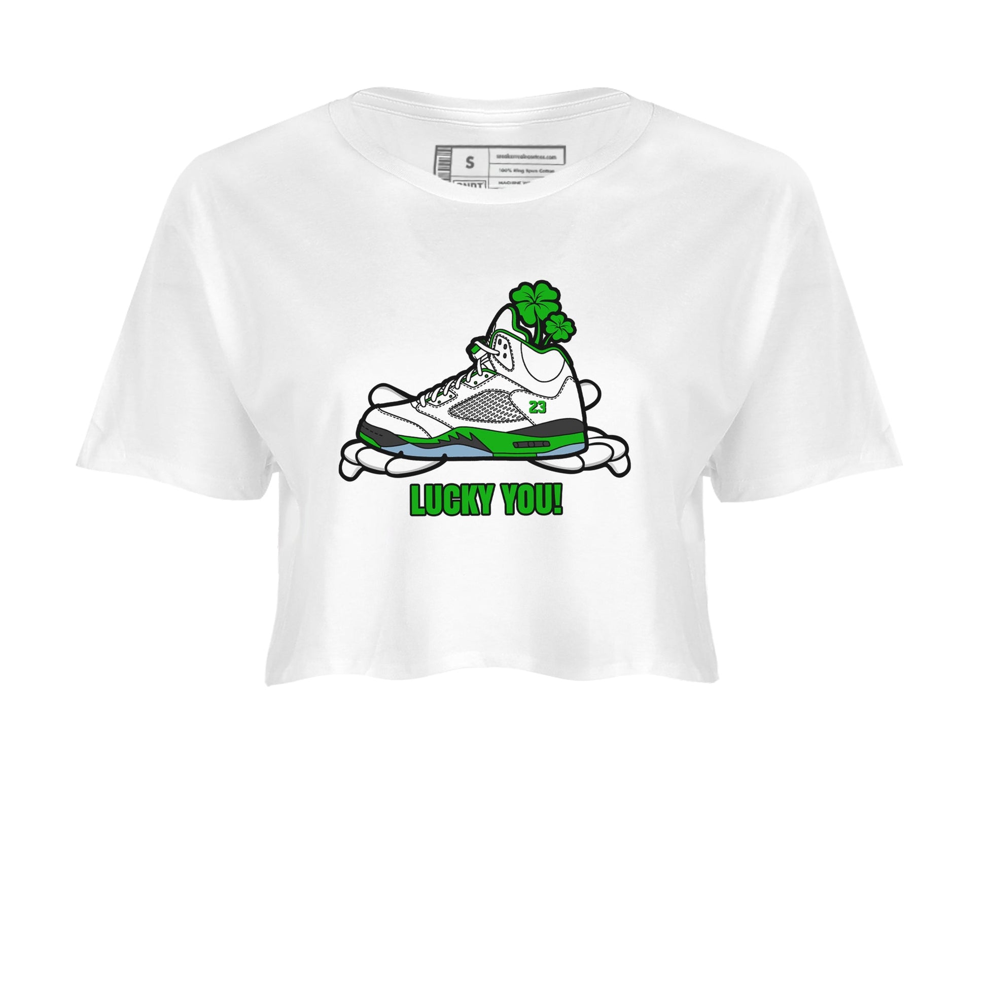 Air Jordan 5 Lucky Green shirt to match jordans Lucky You sneaker tees AJ5 Lucky Green SNRT Sneaker Release Tees White 2 Crop T-Shirt