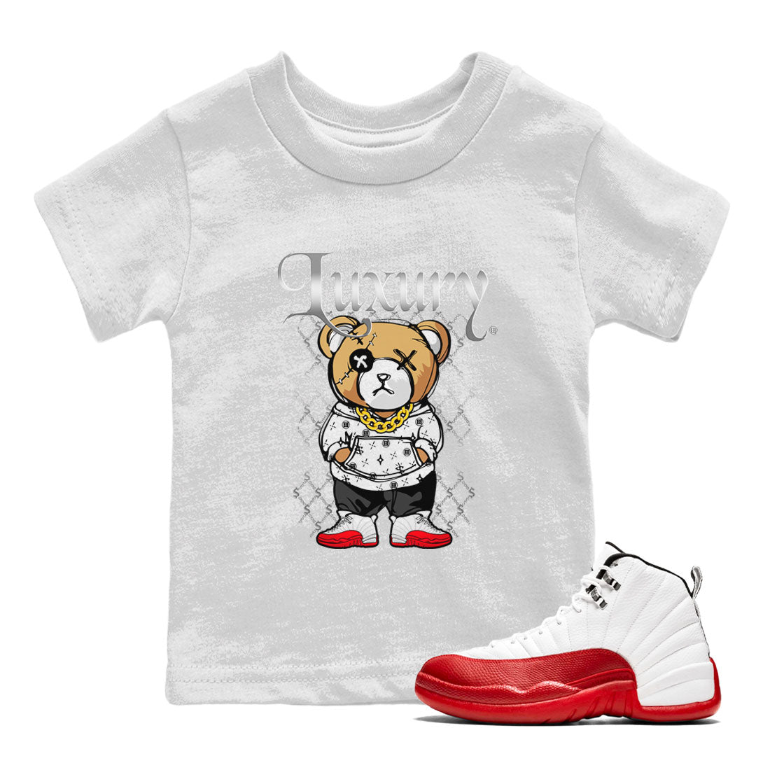Jordan 12 Cherry shirt to match jordans Luxury Bear sneaker release tees Air Jordan 12 Cherry SNRT Sneaker Tees Baby Toddler White 1 T-Shirt