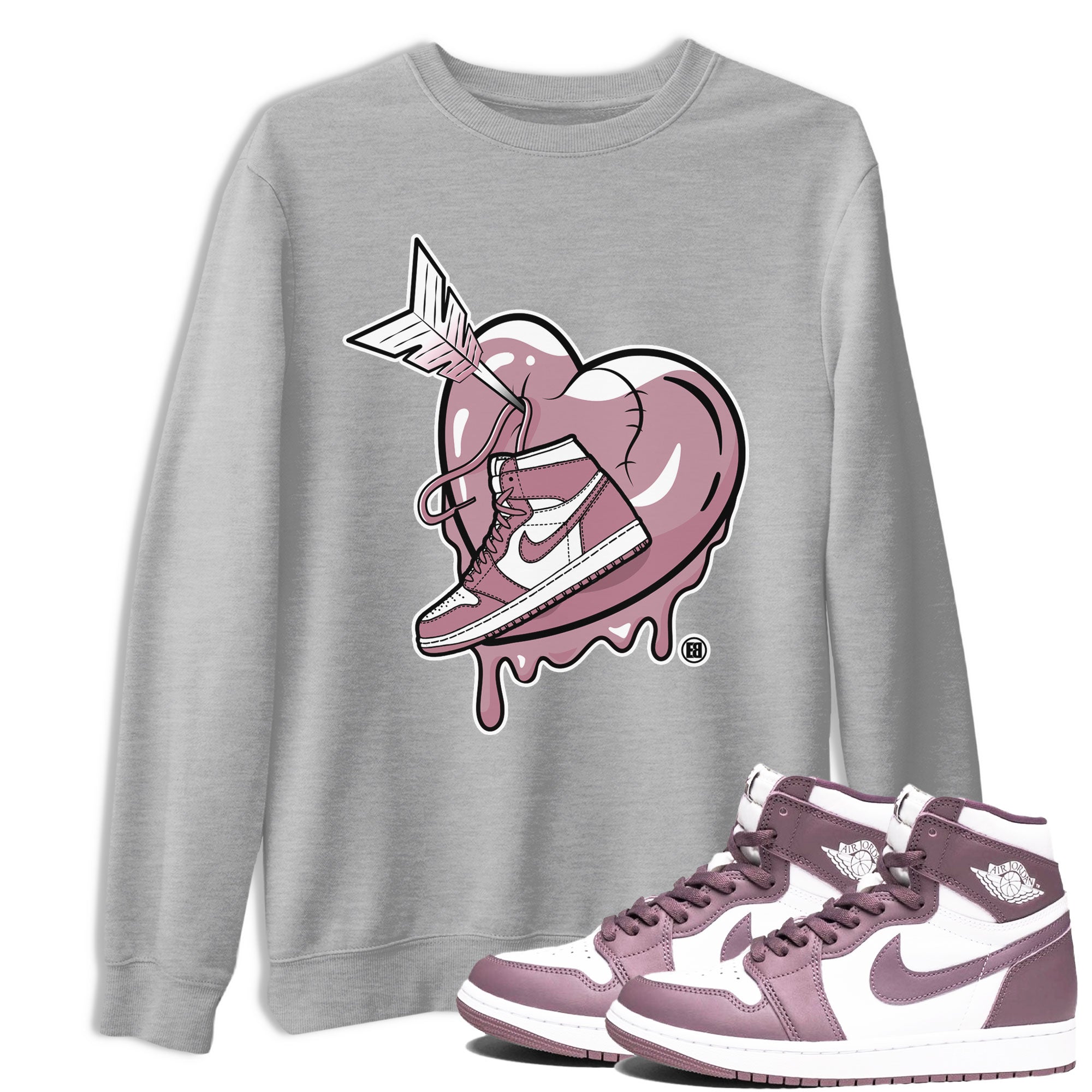 Air Jordan 1 Mauve shirt to match jordans Mad In Love sneaker tees AJ1 High OG Mauve SNRT Sneaker Release Tees Crew Neck T-ShirtUnisex Heather Grey 1 T-Shirt