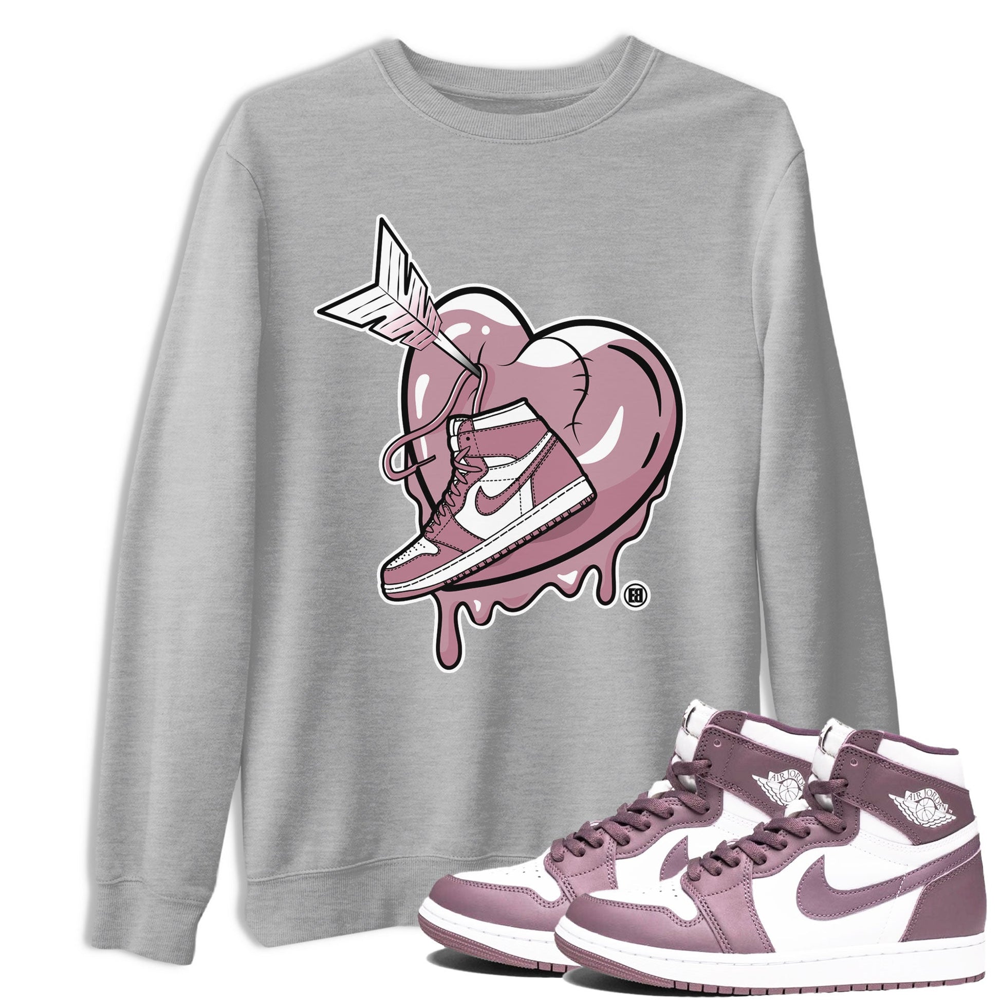 Air Jordan 1 Mauve shirt to match jordans Mad In Love sneaker tees AJ1 High OG Mauve SNRT Sneaker Release Tees Crew Neck T-ShirtUnisex Heather Grey 1 T-Shirt