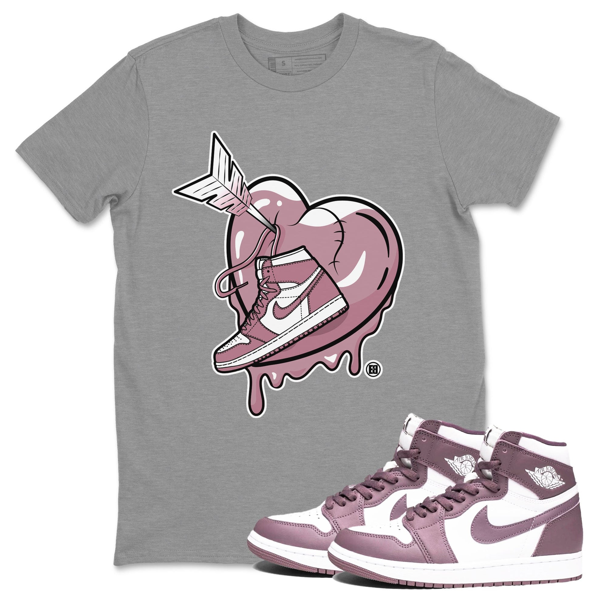 Air Jordan 1 Mauve shirt to match jordans Mad In Love sneaker tees AJ1 High OG Mauve SNRT Sneaker Release Tees Crew Neck T-ShirtUnisex Heather Grey 1 T-Shirt