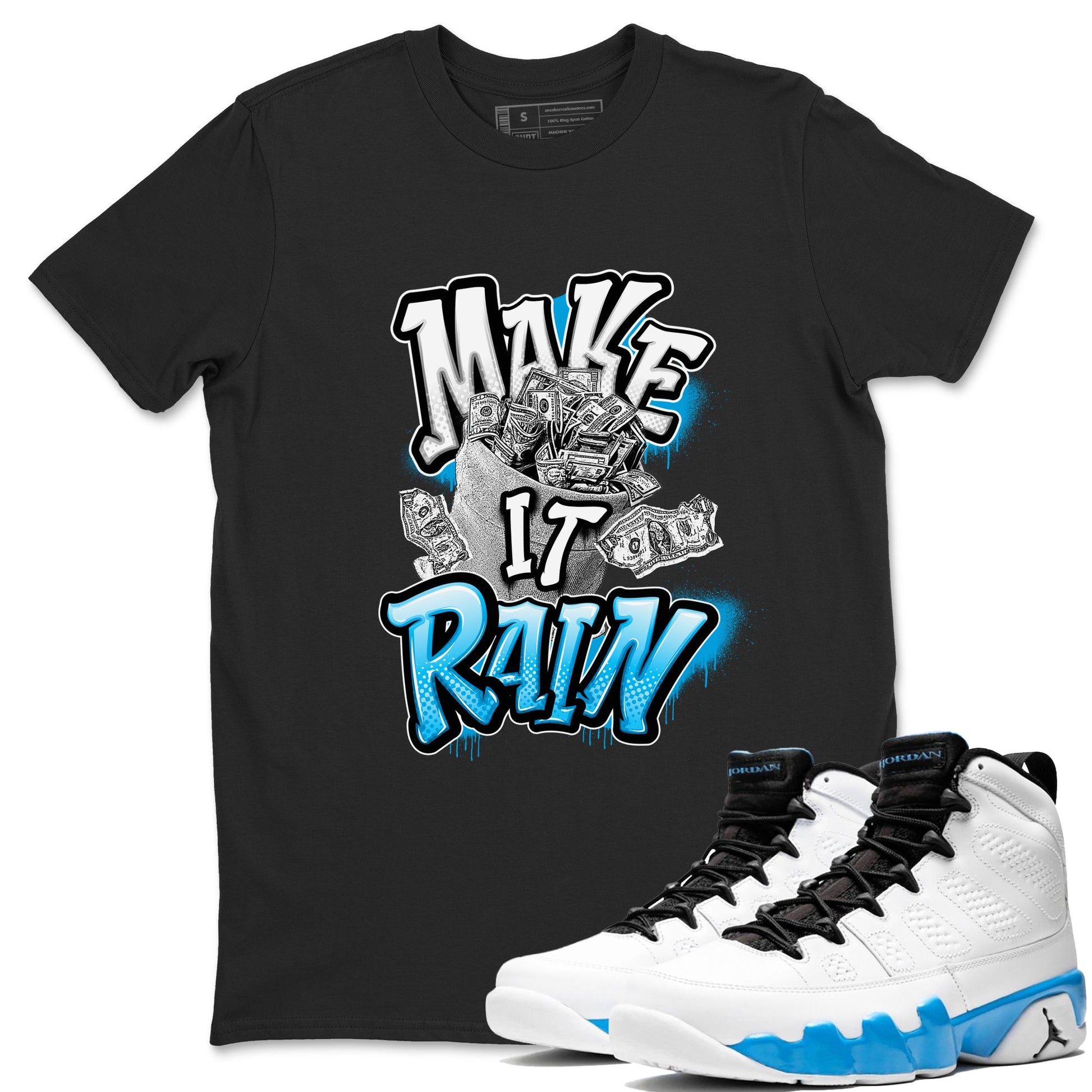 9s Powder Blue shirt to match jordans Make It Rain sneaker tees Air Jordan 9 Powder Blue SNRT Sneaker Release Tees unisex cotton Black 1 crew neck shirt