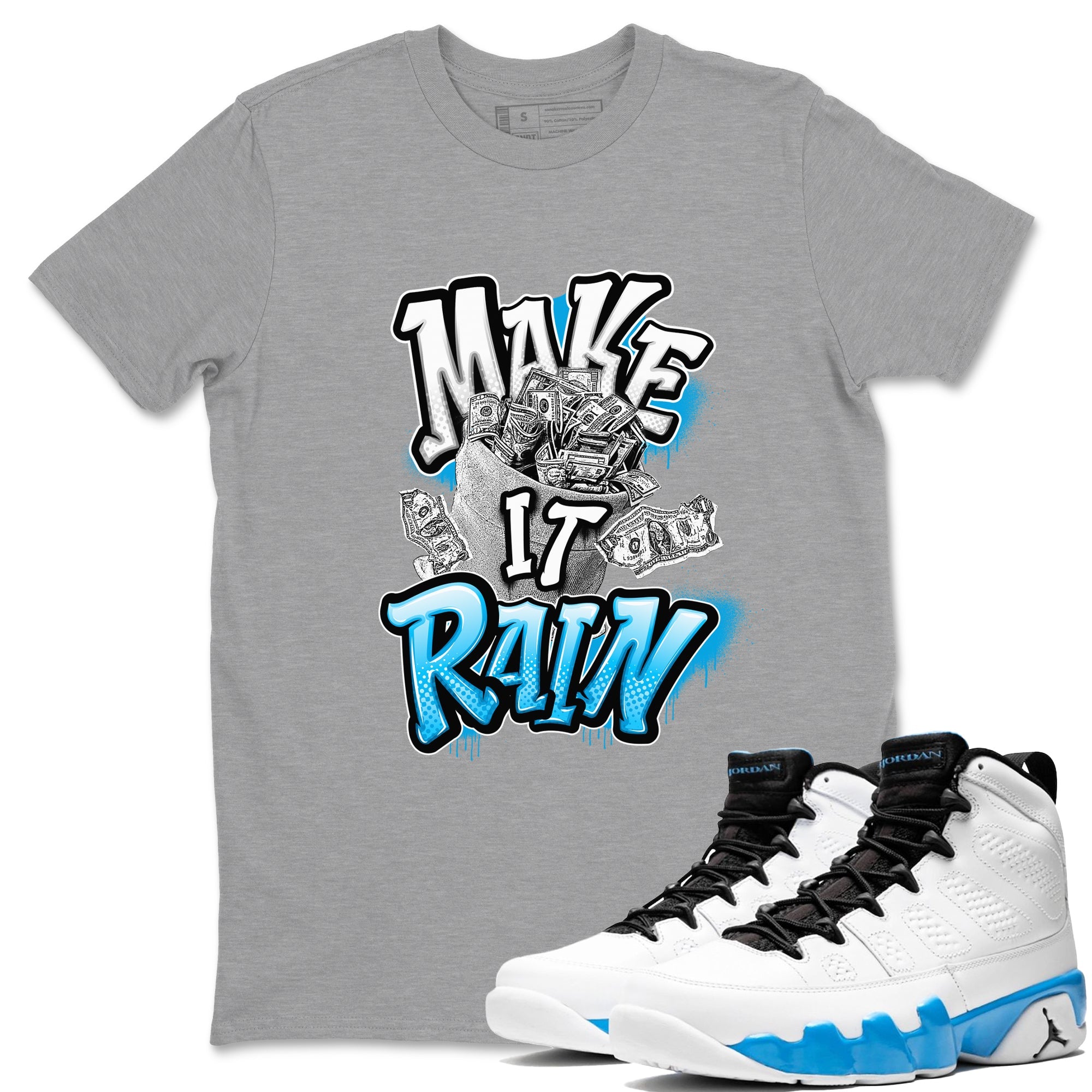 9s Powder Blue shirt to match jordans Make It Rain sneaker tees Air Jordan 9 Powder Blue SNRT Sneaker Release Tees unisex cotton Heather Grey 1 crew neck shirt