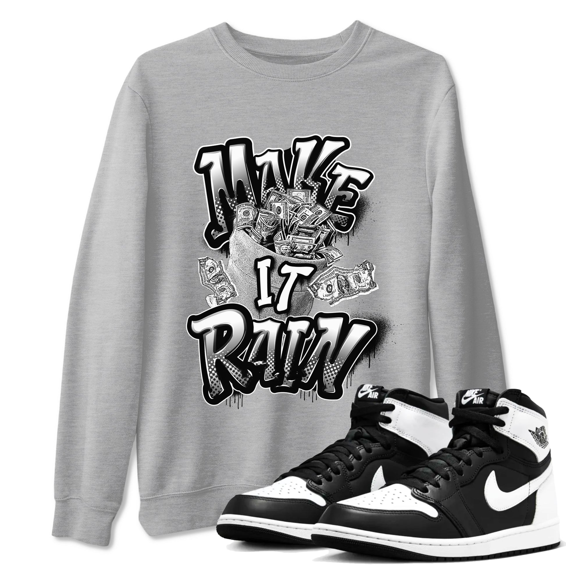 1s Black White shirt to match jordans Make It Rain Money sneaker tees Air Jordan 1 High OG Black White SNRT Sneaker Release Tees unisex cotton Heather Grey 1 crew neck shirt