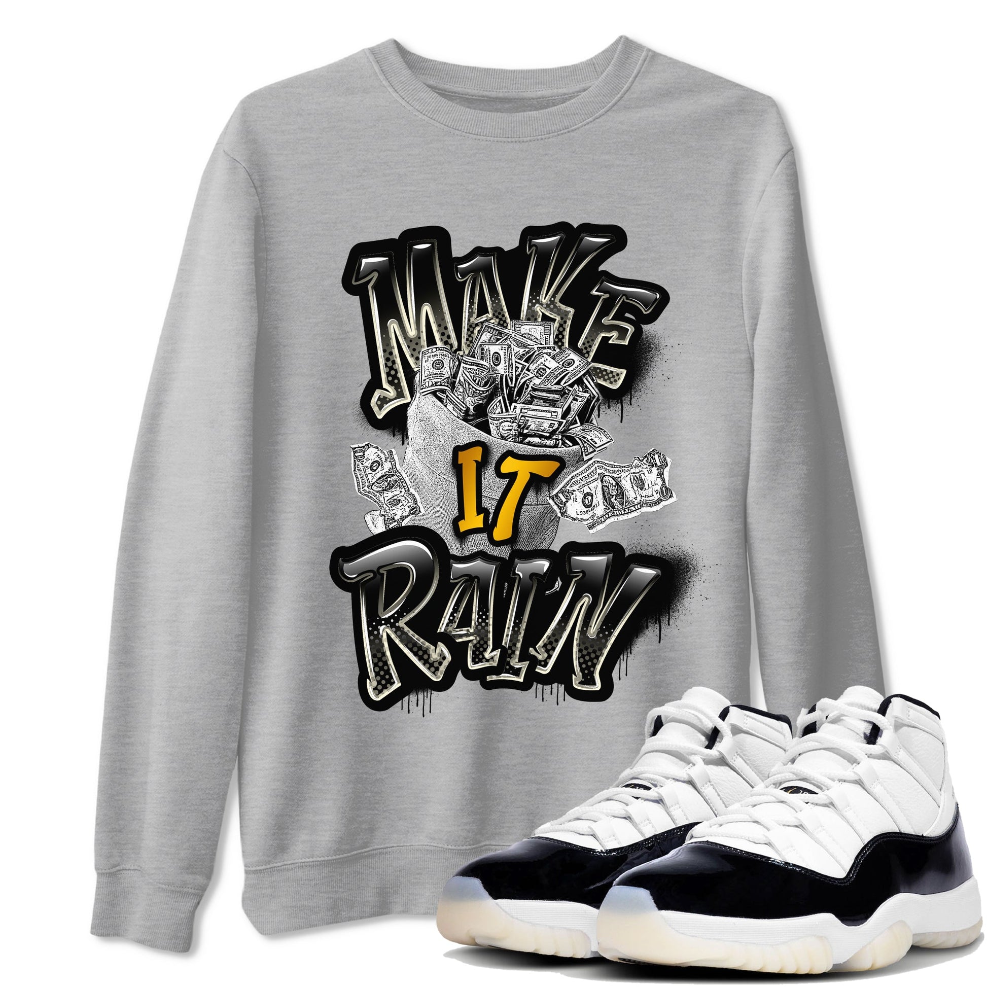 Air Jordan 11 Gratitude shirt to match jordans Make It Rain Money sneaker tees AJ11 Gratitude SNRT Sneaker Release Tees unisex cotton Heather Grey 1 crew neck shirt