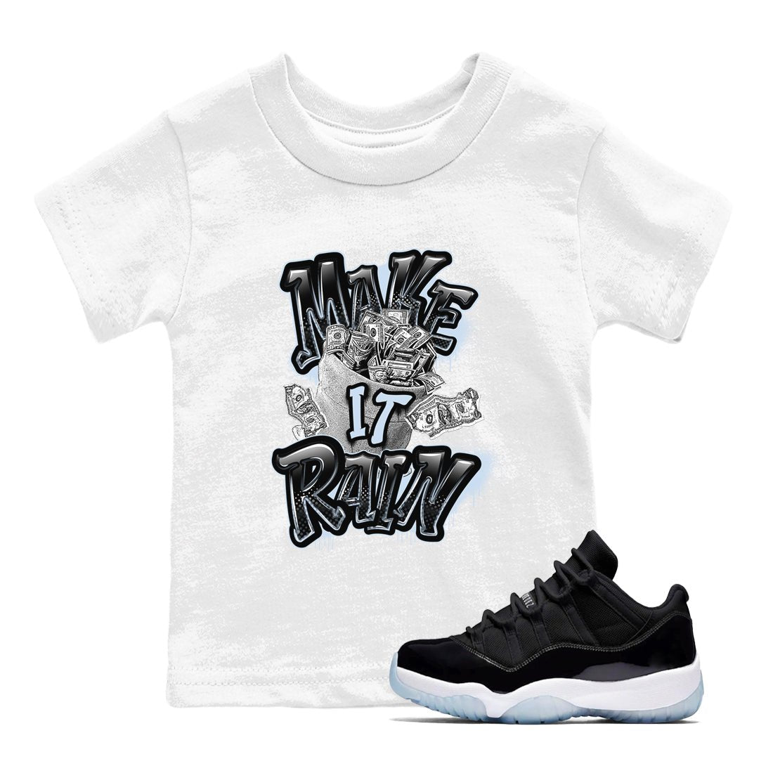 Air Jordan 11 Space shirt to match jordans Make It Rain Money sneaker tees AJ11 Black and Varsity Royal SNRT sneaker release tees baby toddler White 1 cotton Shirt