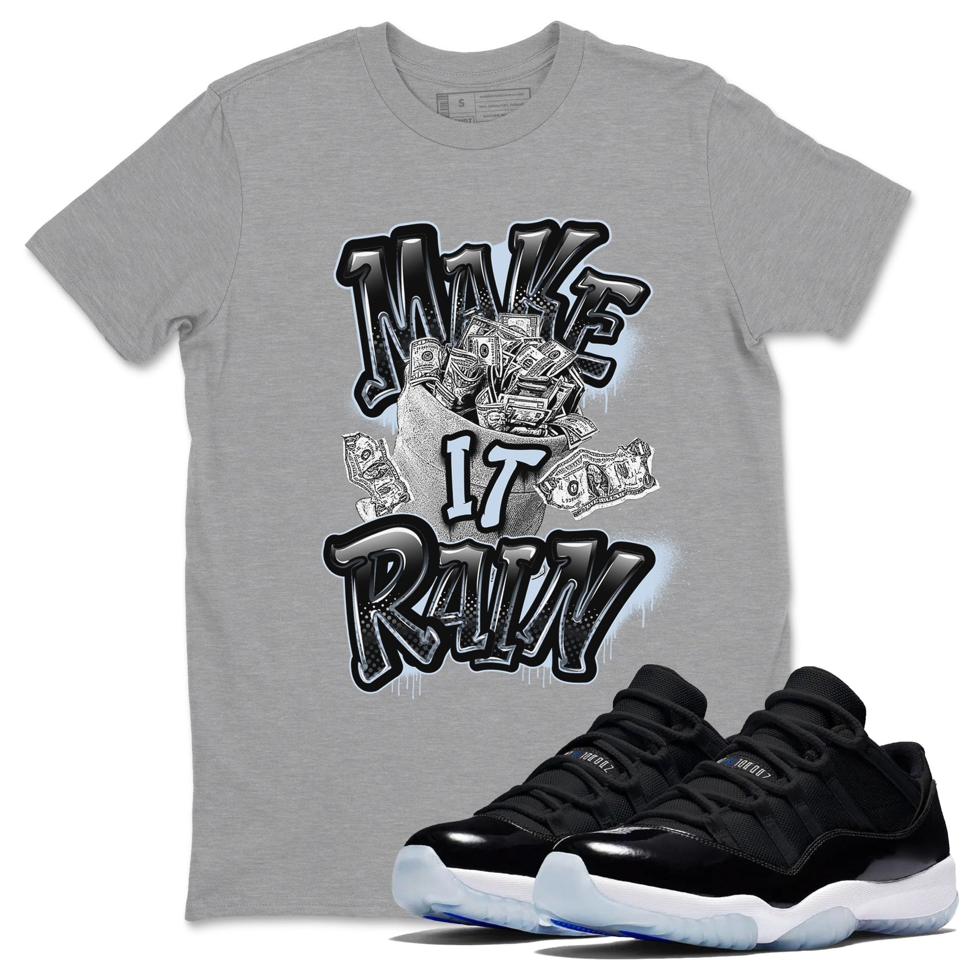 Air Jordan 11 Space shirt to match jordans Make It Rain Money sneaker tees AJ11 Black and Varsity Royal SNRT Sneaker Release Tees unisex cotton Heather Grey 1 crew neck shirt