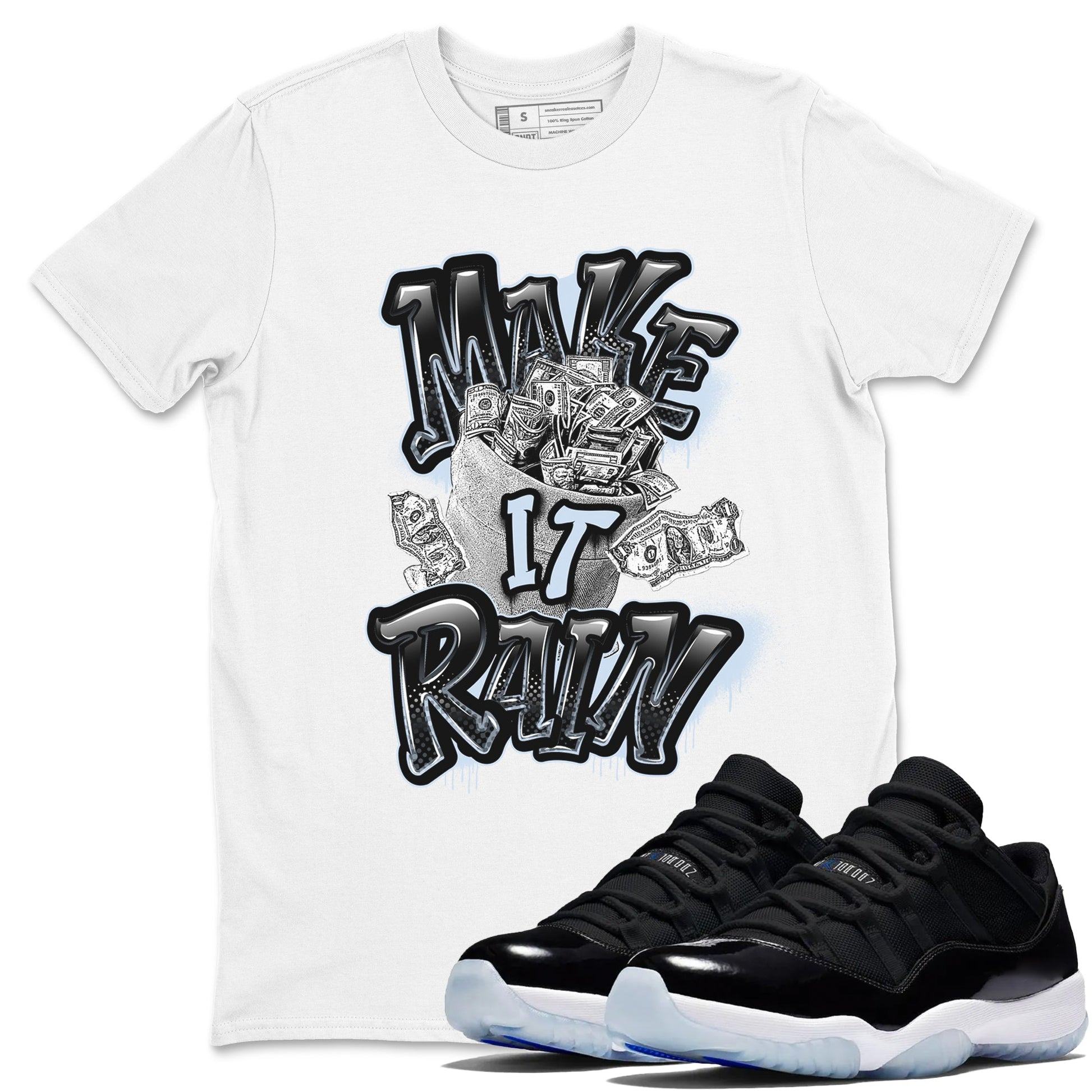 Air Jordan 11 Space shirt to match jordans Make It Rain Money sneaker tees AJ11 Black and Varsity Royal SNRT Sneaker Release Tees unisex cotton White 1 crew neck shirt