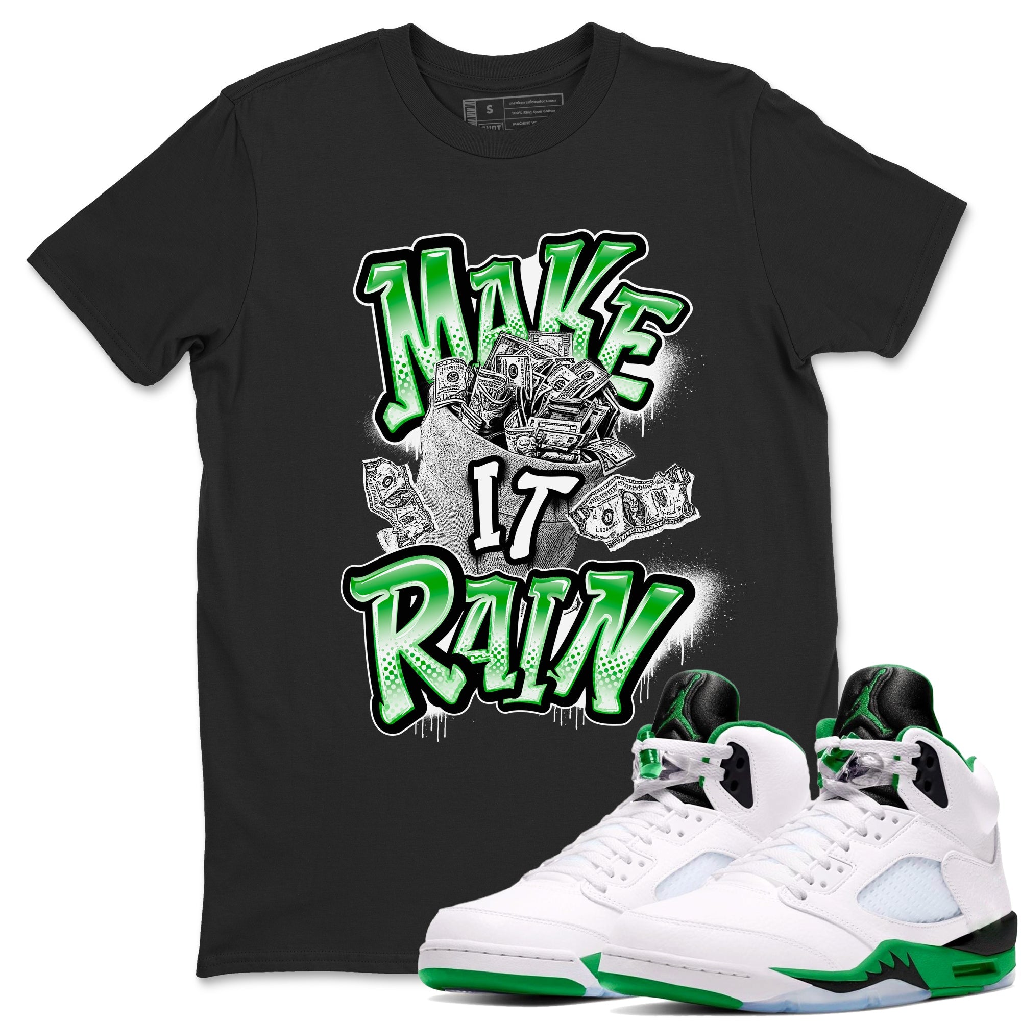 Air Jordan 5 Lucky Green shirt to match jordans Make It Rain Money sneaker tees AJ5 Lucky Green SNRT Sneaker Release Tees unisex cotton Black 2 crew neck shirt