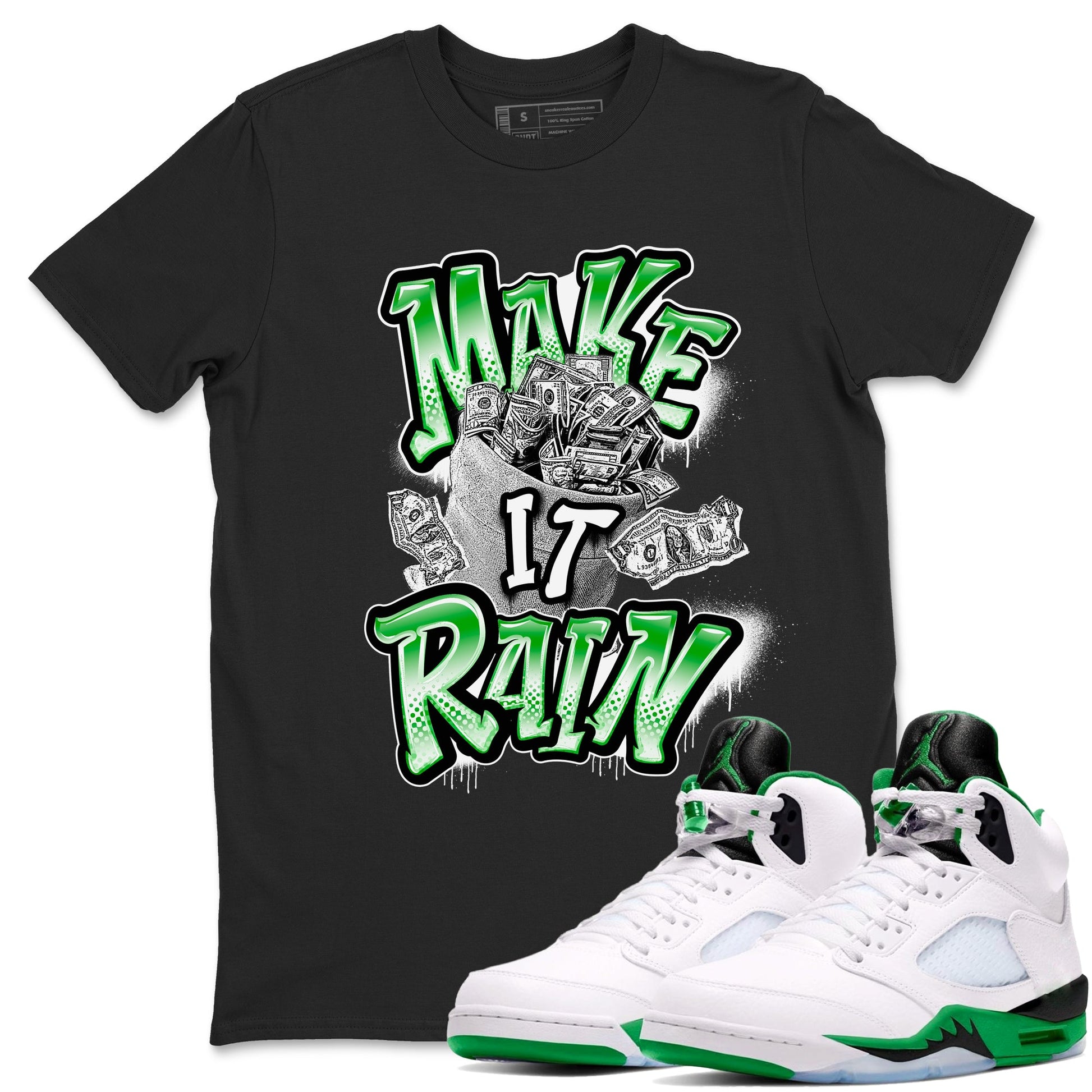 Air Jordan 5 Lucky Green shirt to match jordans Make It Rain Money sneaker tees AJ5 Lucky Green SNRT Sneaker Release Tees unisex cotton Black 2 crew neck shirt