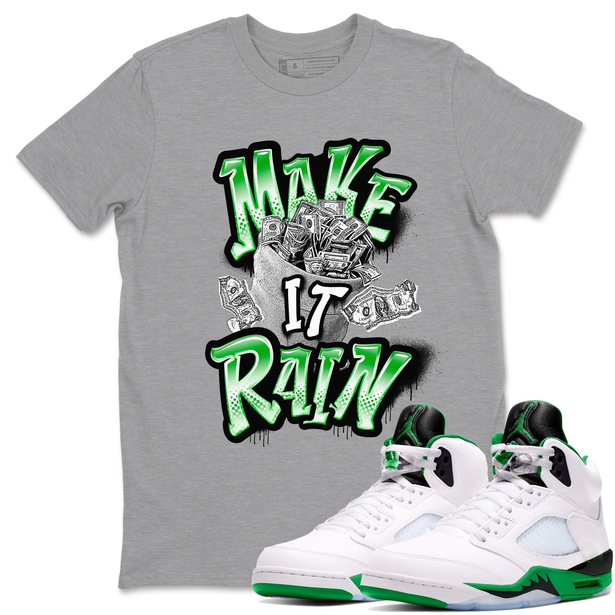 Air Jordan 5 Lucky Green shirt to match jordans Make It Rain Money sneaker tees AJ5 Lucky Green SNRT Sneaker Release Tees unisex cotton Heather Grey 1 crew neck shirt