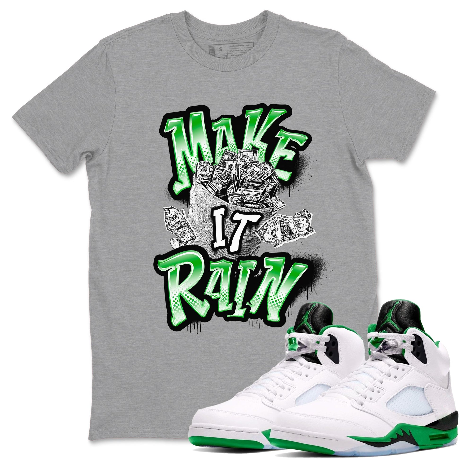 Air Jordan 5 Lucky Green shirt to match jordans Make It Rain Money sneaker tees AJ5 Lucky Green SNRT Sneaker Release Tees unisex cotton Heather Grey 1 crew neck shirt