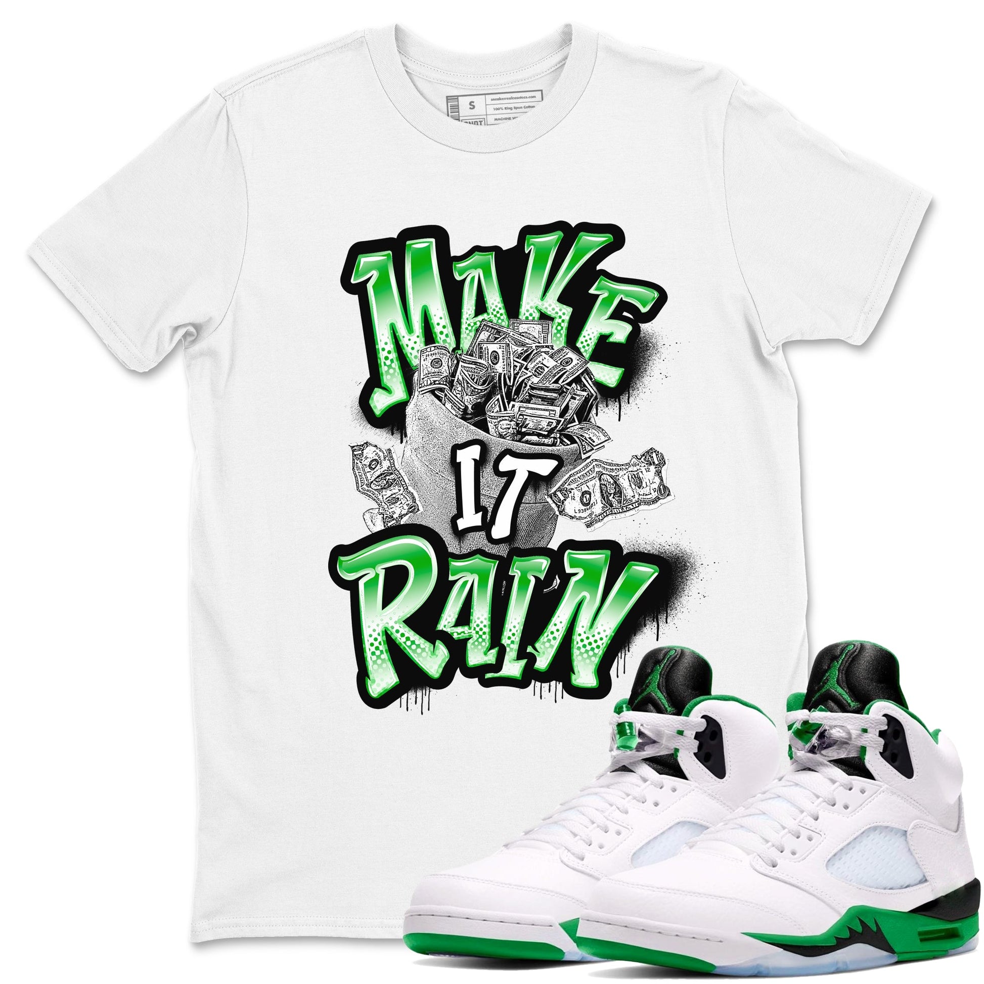 Air Jordan 5 Lucky Green shirt to match jordans Make It Rain Money sneaker tees AJ5 Lucky Green SNRT Sneaker Release Tees unisex cotton White 1 crew neck shirt