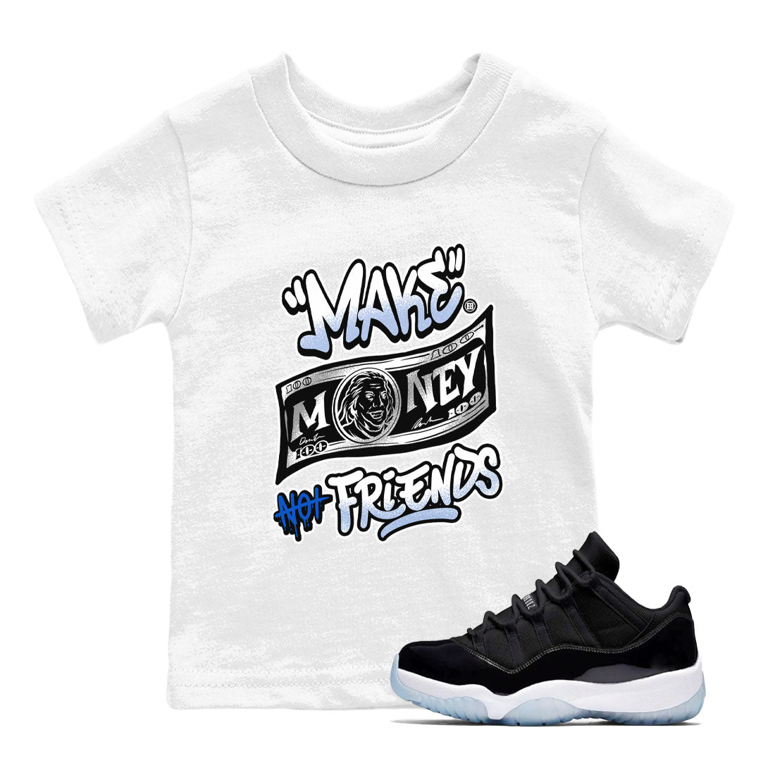 11s Retro Space shirt to match jordans Make Money Not Friends sneaker tees streetwear brand Air Jordan 11 Black/Varsity Royal SNRT sneaker release tees baby toddler White 1 cotton Shirt