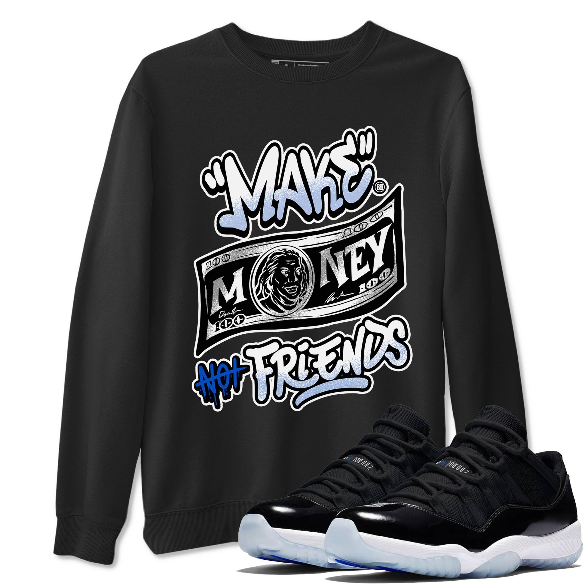 11s Retro Space shirt to match jordans Make Money Not Friends sneaker tees streetwear brand Air Jordan 11 Black/Varsity Royal SNRT Sneaker Release Tees unisex cotton Black 1 crew neck shirt