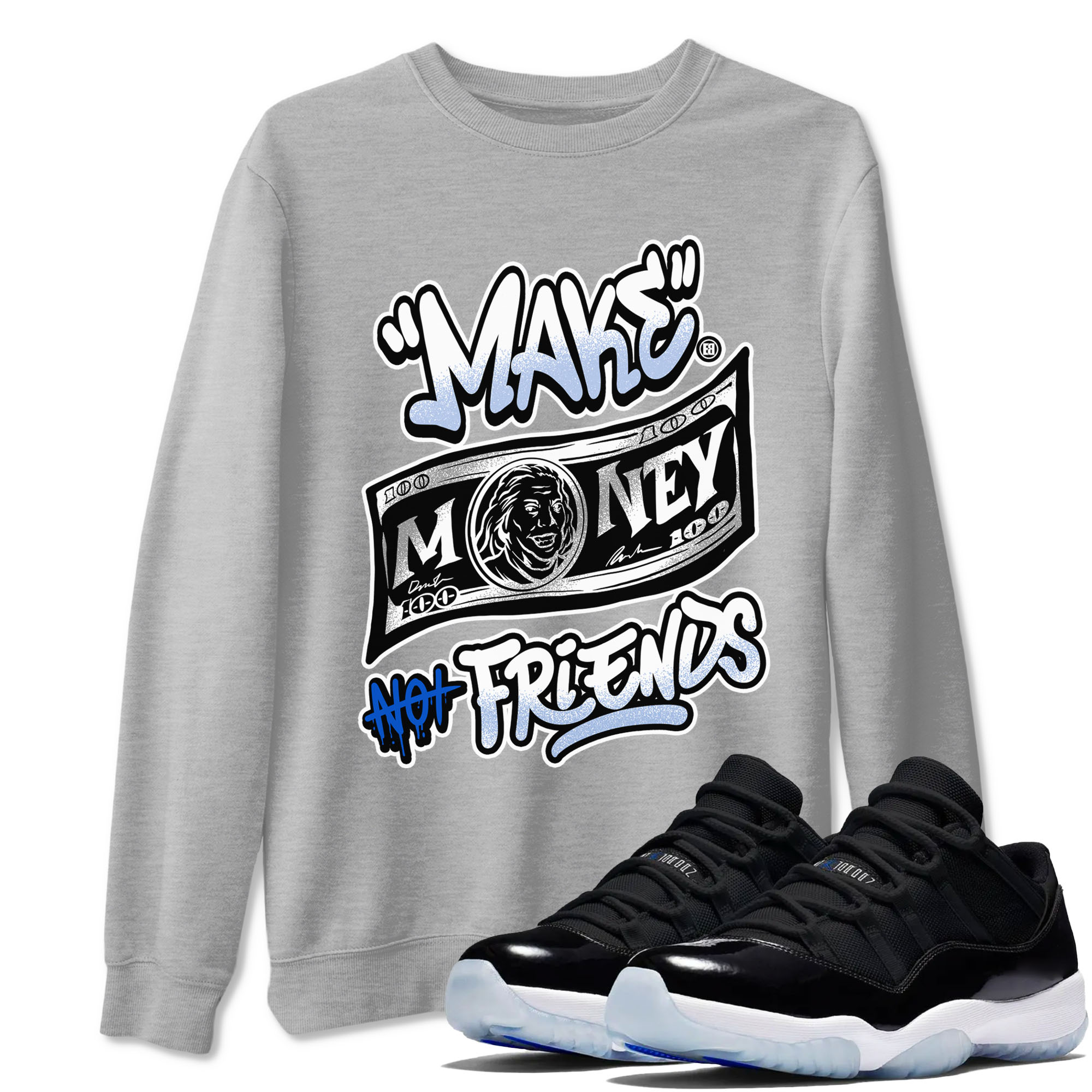 11s Retro Space shirt to match jordans Make Money Not Friends sneaker tees streetwear brand Air Jordan 11 Black/Varsity Royal SNRT Sneaker Release Tees unisex cotton Heather Grey 1 crew neck shirt