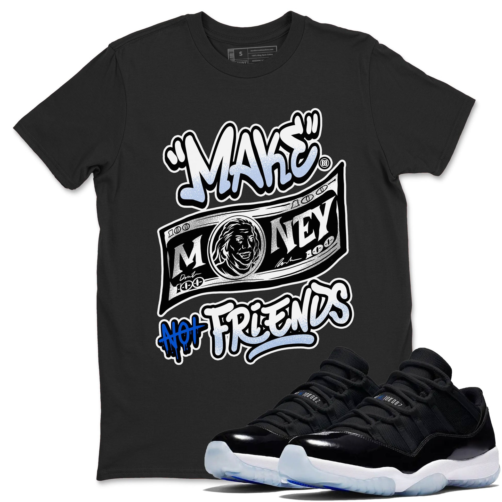 11s Retro Space shirt to match jordans Make Money Not Friends sneaker tees streetwear brand Air Jordan 11 Black/Varsity Royal SNRT Sneaker Release Tees unisex cotton Black 1 crew neck shirt