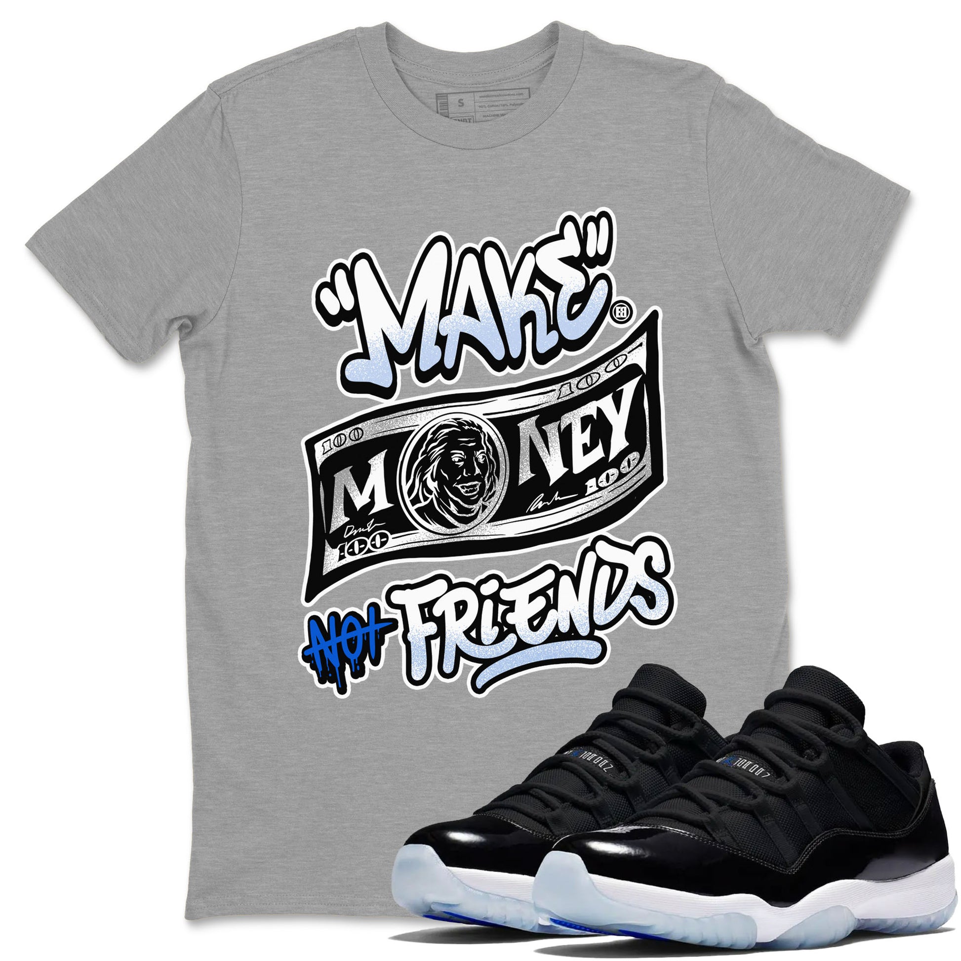 11s Retro Space shirt to match jordans Make Money Not Friends sneaker tees streetwear brand Air Jordan 11 Black/Varsity Royal SNRT Sneaker Release Tees unisex cotton Heather Grey 1 crew neck shirt