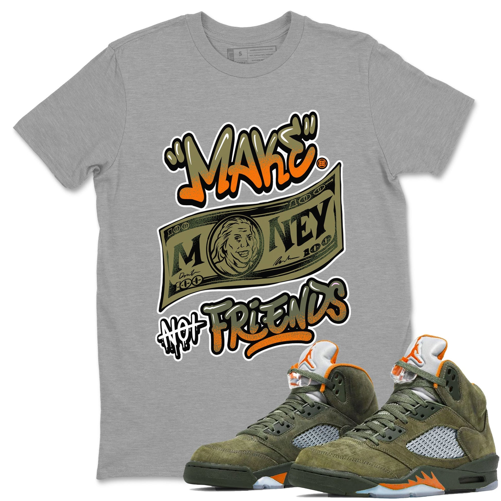 AJ5 Olive shirt to match jordans Make Money Not Friends sneaker tees streetwear brand Air Jordan 5 Olive SNRT Sneaker Release Tees unisex cotton Heather Grey 1 crew neck shirt