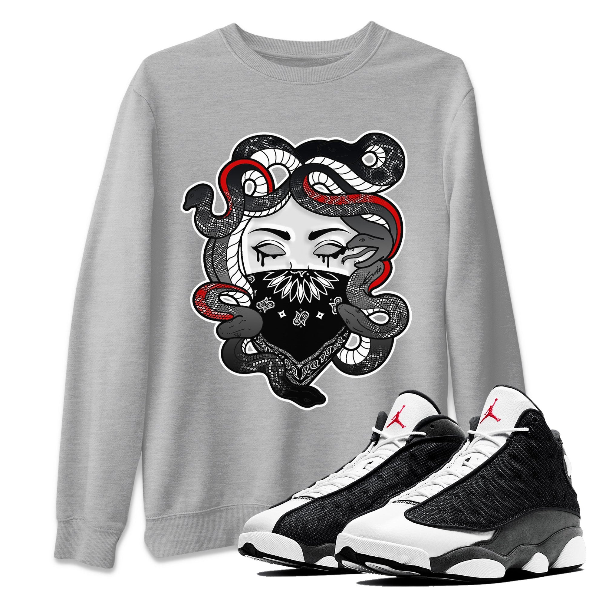 Air Jordan 13 Black Flint Sneaker Match Tees Medusa Sneaker Tees Air Jordan 13 Retro Black Flint Sneaker Release Tees Unisex Shirts Heather Grey 1