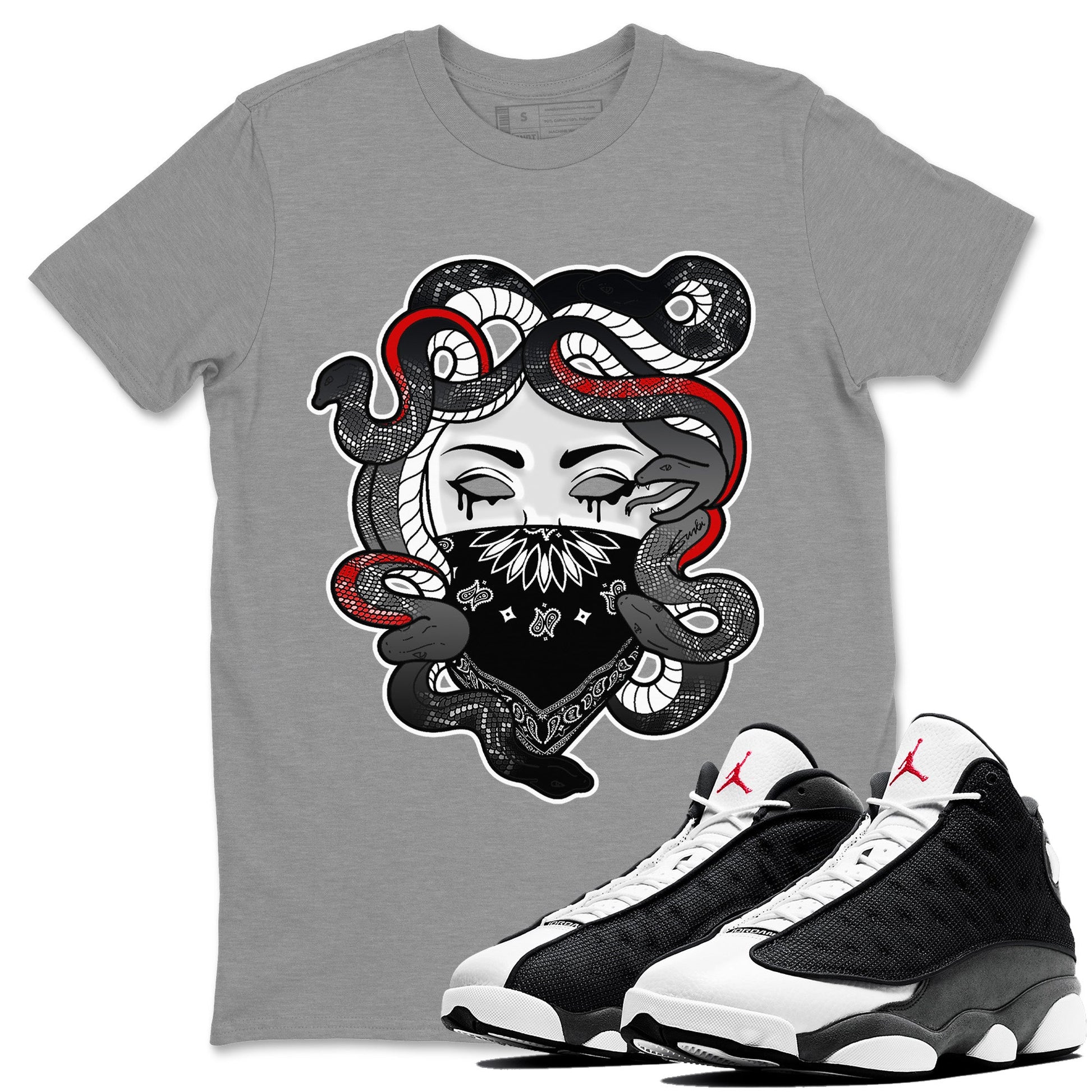 Air Jordan 13 Black Flint Sneaker Match Tees Medusa Sneaker Tees Air Jordan 13 Retro Black Flint Sneaker Release Tees Unisex Shirts Heather Grey 1