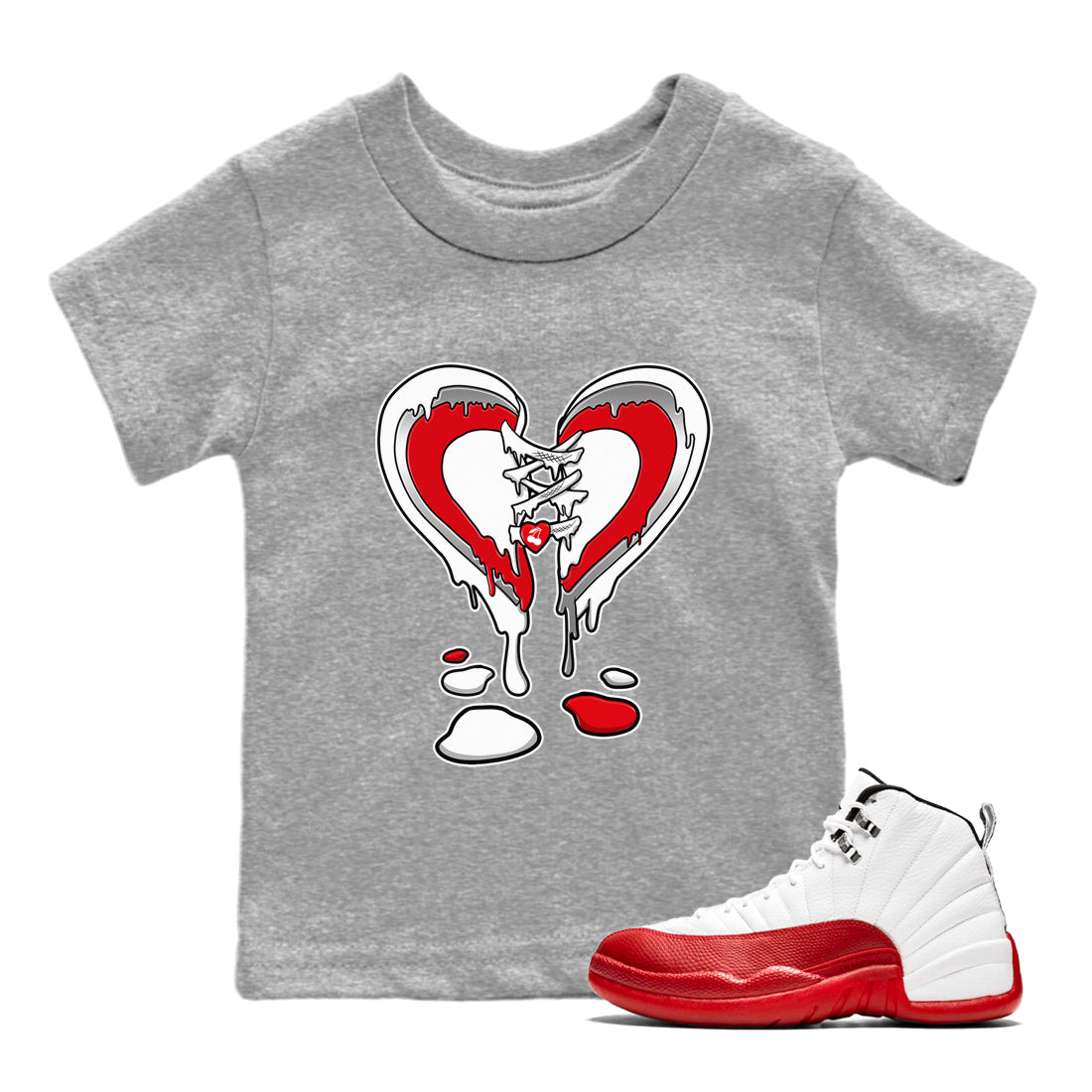 12s Cherry Sneaker Match Tees Melting Heart Sneaker Tees Air Jordan 12 Cherry Sneaker Release Tees Kids Shirts Heather Grey 1