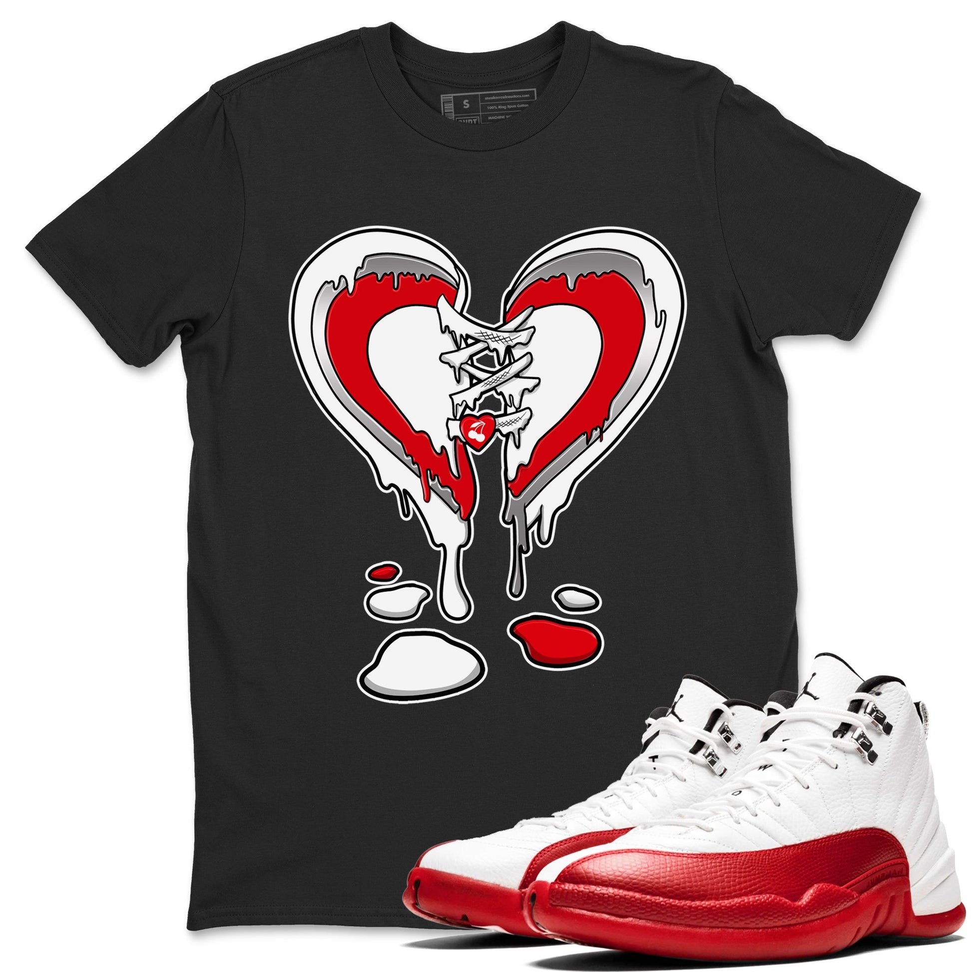 12s Cherry Sneaker Match Tees Melting Heart Sneaker Tees Air Jordan 12 Cherry Sneaker Release Tees Unisex Shirts Black 1
