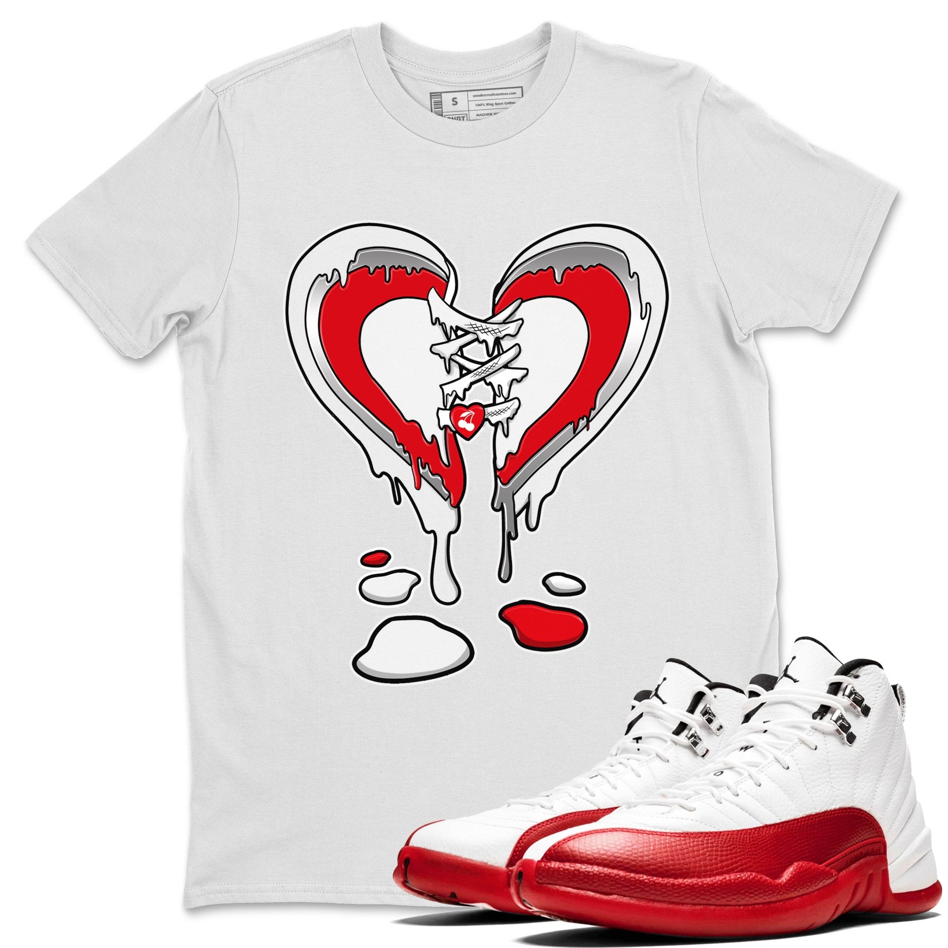 12s Cherry Sneaker Match Tees Melting Heart Sneaker Tees Air Jordan 12 Cherry Sneaker Release Tees Unisex Shirts White 1