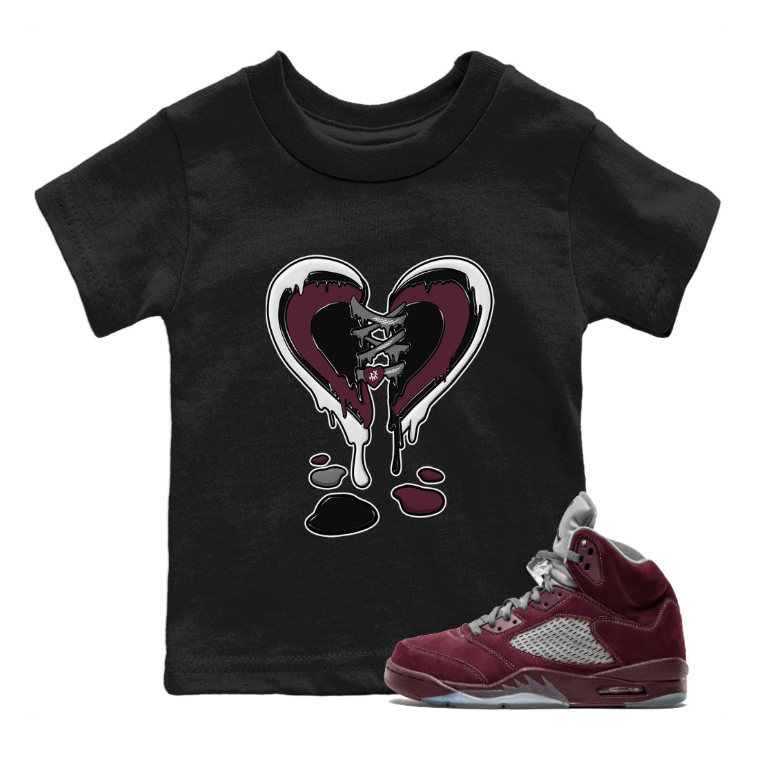 Air Jordan 5 Burgundy Sneaker Match Tees Melting Heart Sneaker Tees Jordan 5 Burgundy Sneaker Release Tees Matching Outfits Kids Shirts Black 1