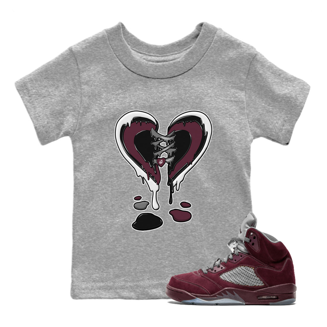 Air Jordan 5 Burgundy Sneaker Match Tees Melting Heart Sneaker Tees Jordan 5 Burgundy Sneaker Release Tees Matching Outfits Kids Shirts Heather Grey 1