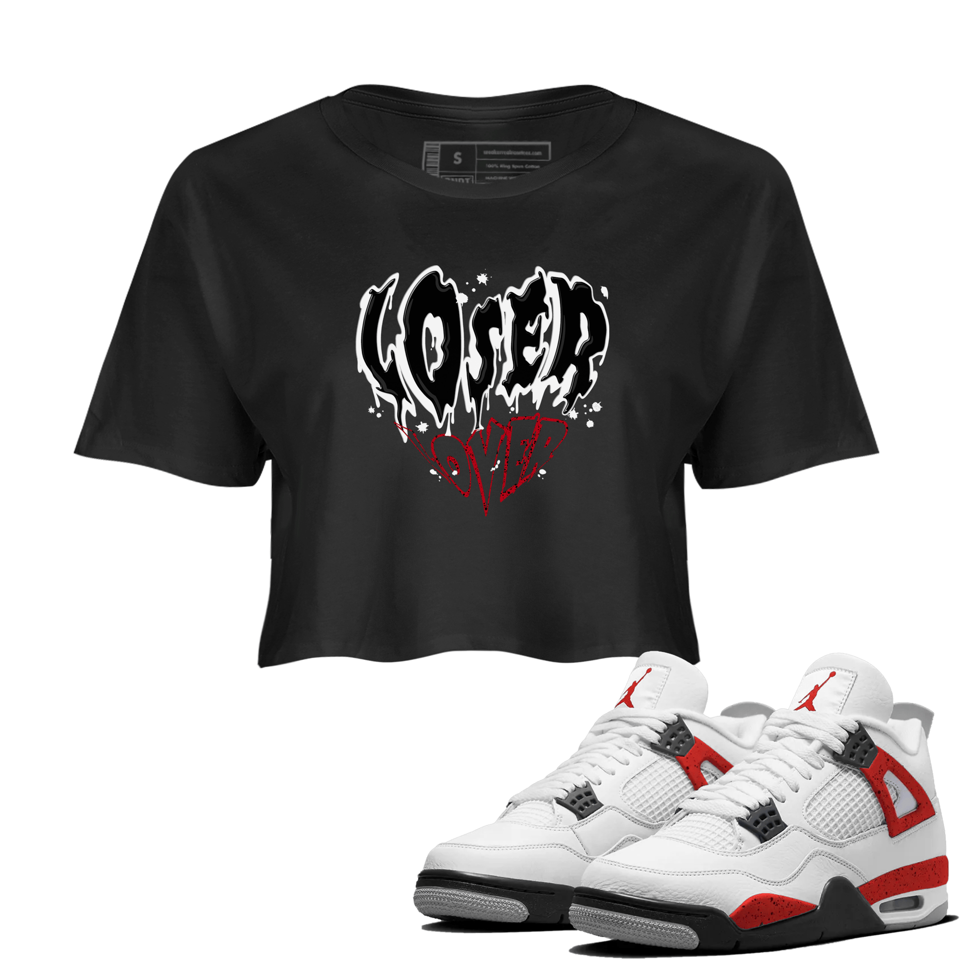 Red Cement 4 shirt to match jordans Melting Loser Lover sneaker tees Air Jordan 4 Red Cement SNRT Sneaker Release Tees Black 1 Crop T-Shirt