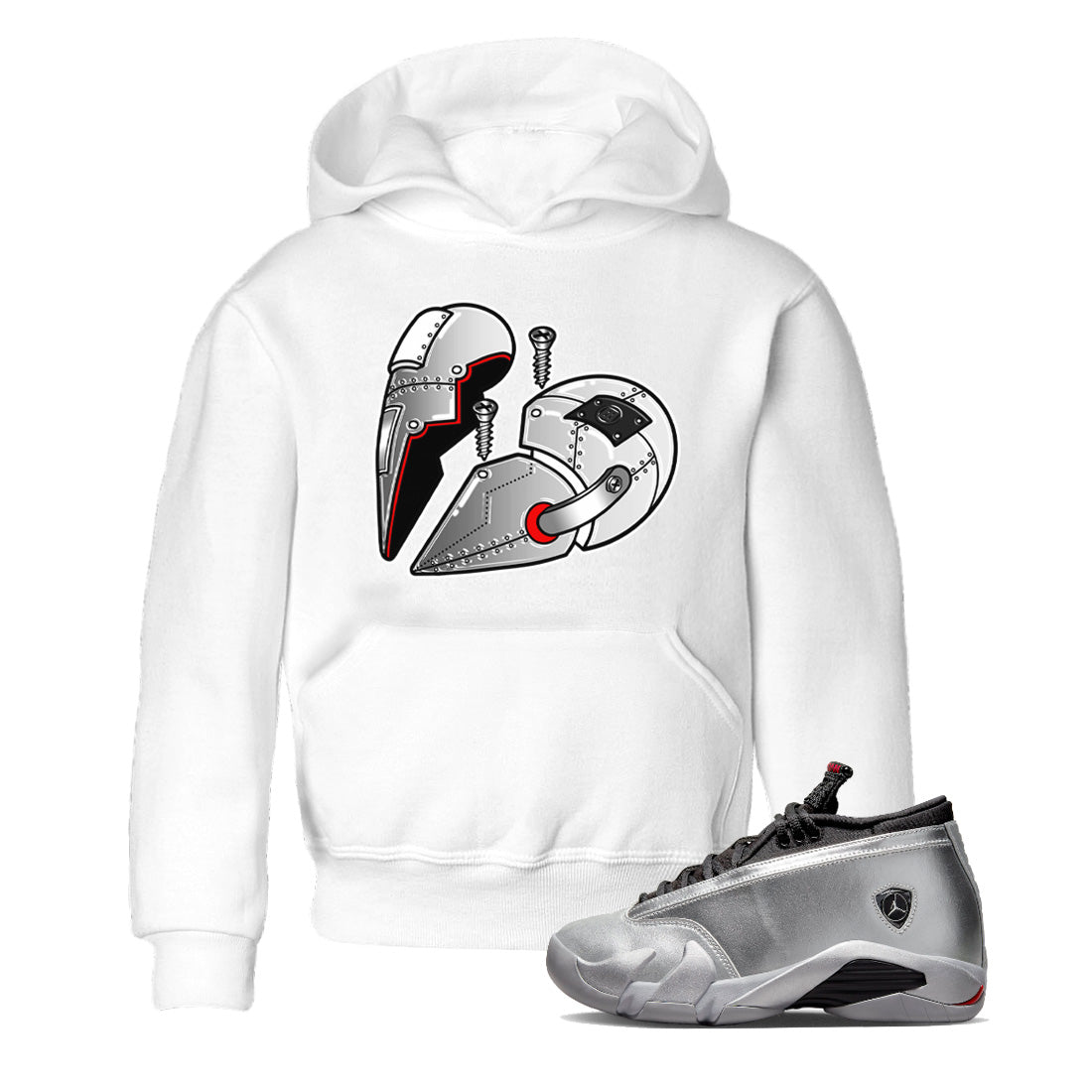 Air Jordan 14 Metallic Silver Sneaker Match Tees Metal Heart Sneaker Tees Jordan 14 WMNS Metallic Silver Sneaker Release Tees Kids Shirts White 1