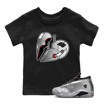 Air Jordan 14 Metallic Silver Sneaker Match Tees Metal Heart Sneaker Tees Jordan 14 WMNS Metallic Silver Sneaker Release Tees Kids Shirts Black 1