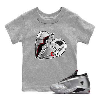 Air Jordan 14 Metallic Silver Metal Heart Baby and Kids Sneaker Tees Jordan 14 WMNS Metallic Silver Kids Sneaker Tees Size Chart