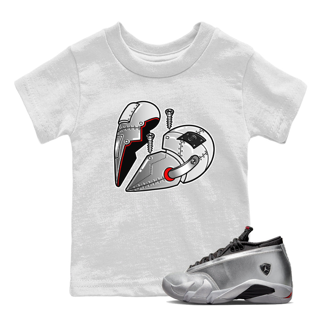 Air Jordan 14 Metallic Silver Sneaker Match Tees Metal Heart Sneaker Tees Jordan 14 WMNS Metallic Silver Sneaker Release Tees Kids Shirts White 1