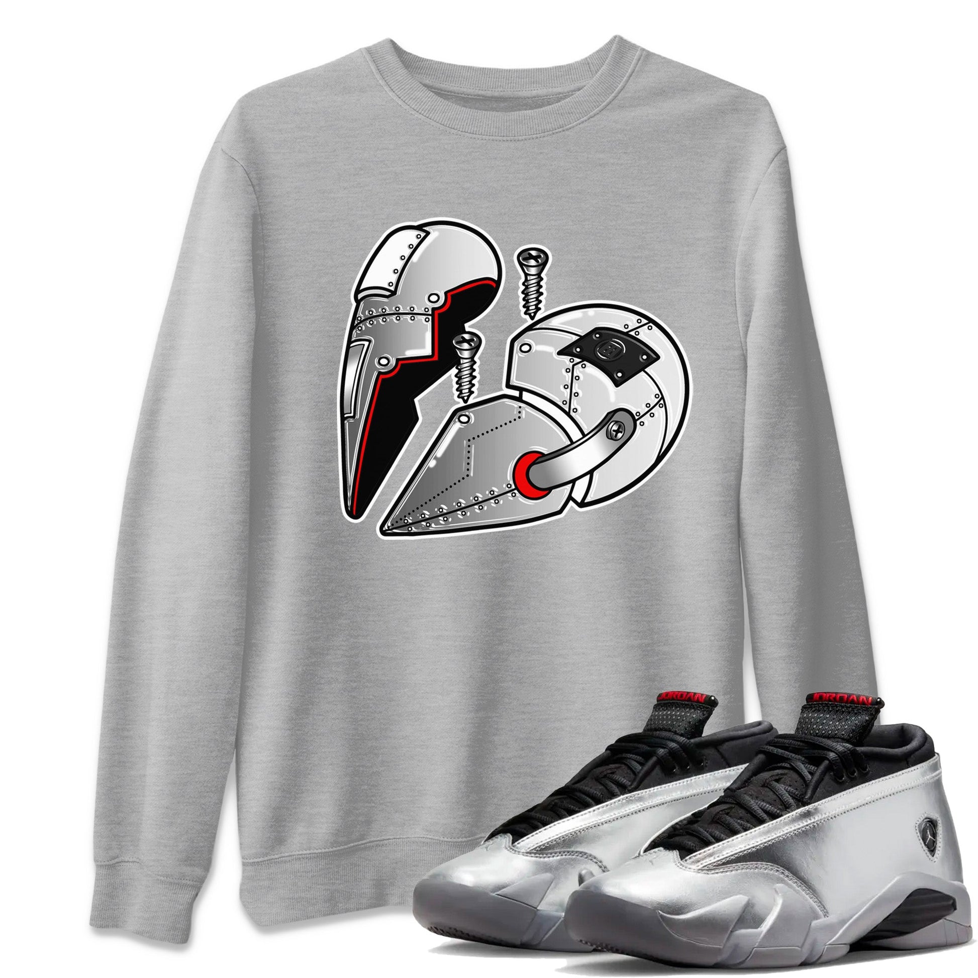 Air Jordan 14 Metallic Silver Sneaker Match Tees Metal Heart Sneaker Tees Jordan 14 WMNS Metallic Silver Sneaker Release Tees Unisex Shirts Heather Grey 1
