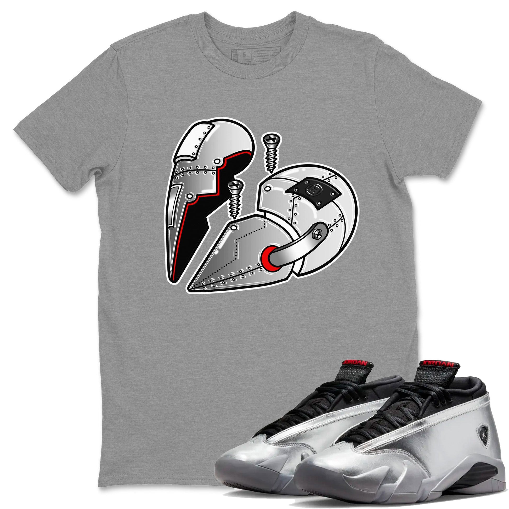 Air Jordan 14 Metallic Silver Metal Heart Crew Neck Sneaker Tees Jordan 14 WMNS Metallic Silver Sneaker T-Shirts Size Chart