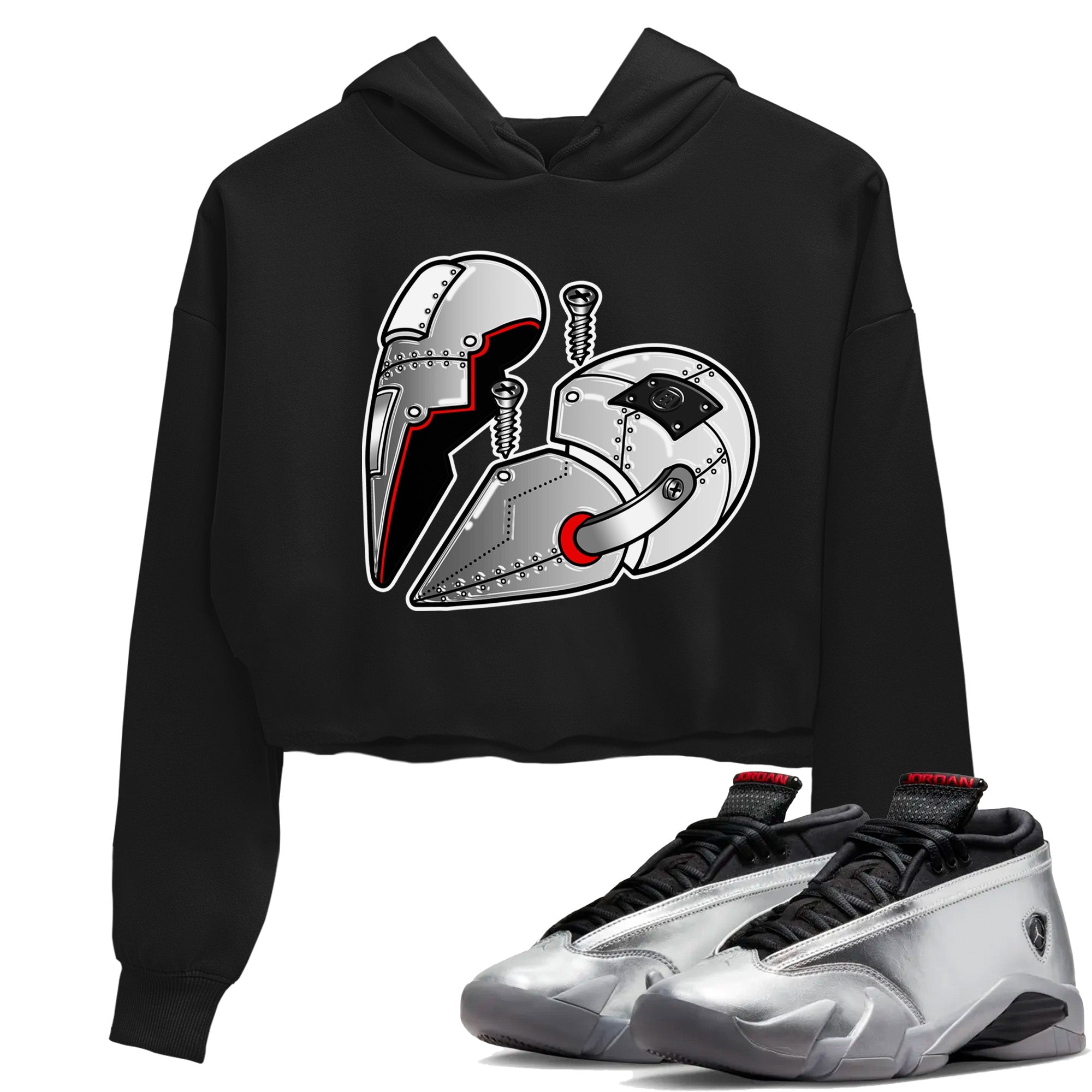 Air Jordan 14 Metallic Silver Sneaker Match Tees Metal Heart Sneaker Tees Jordan 14 WMNS Metallic Silver Sneaker Release Tees Women's Shirts Black 1
