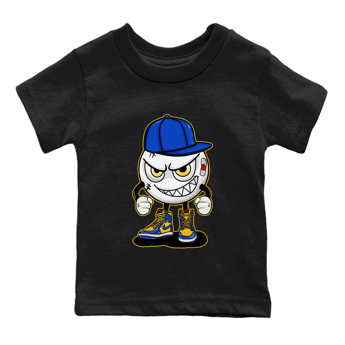 Jordan 1 Game Royal and Varsity Maize Sneaker Match Tees Mischief Emoji Sneaker Tees Jordan 1 Game Royal and Varsity Maize Sneaker Release Tees Kids Shirts