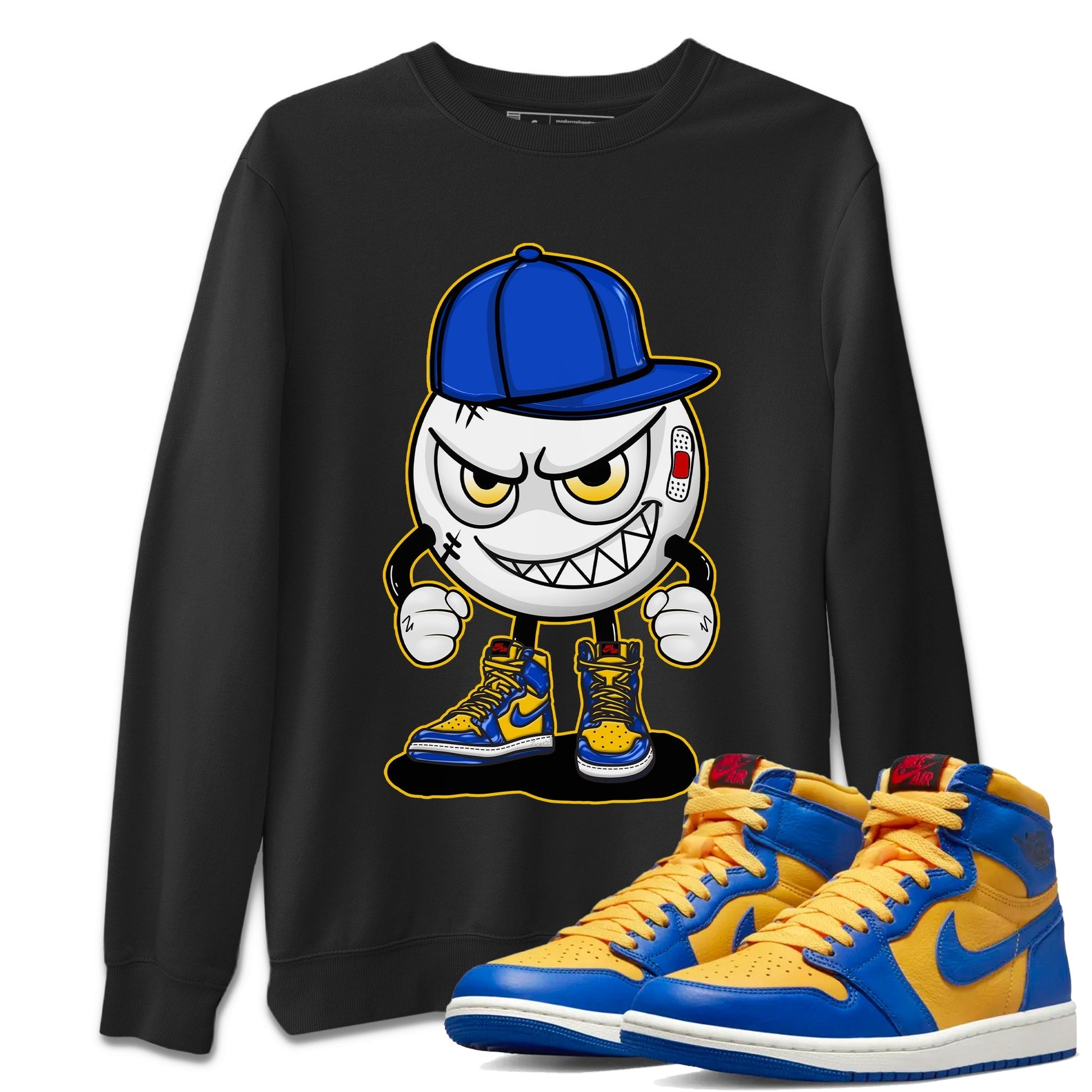 Jordan 1 Game Royal and Varsity Maize Sneaker Match Tees Mischief Emoji Sneaker Tees Jordan 1 Game Royal and Varsity Maize Sneaker Release Tees Unisex Shirts