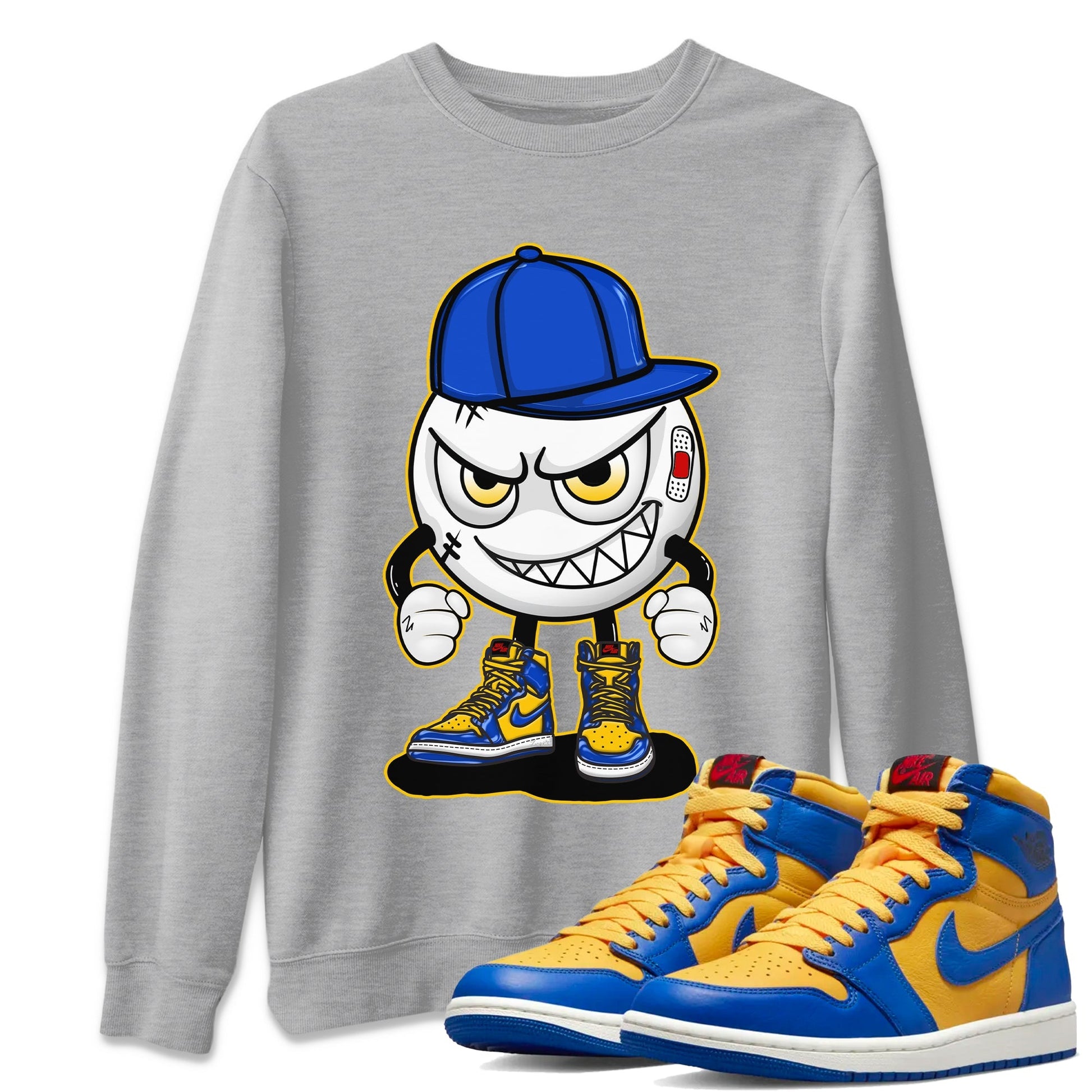 Jordan 1 Game Royal and Varsity Maize Sneaker Match Tees Mischief Emoji Sneaker Tees Jordan 1 Game Royal and Varsity Maize Sneaker Release Tees Unisex Shirts