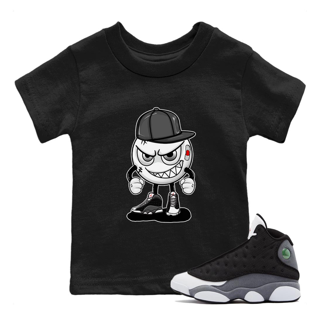 Air Jordan 13 Black Flint Sneaker Match Tees Mischief Emoji Sneaker Tees AJ 13s Black Flint Sneaker Release Tees Kids Shirts Black 1